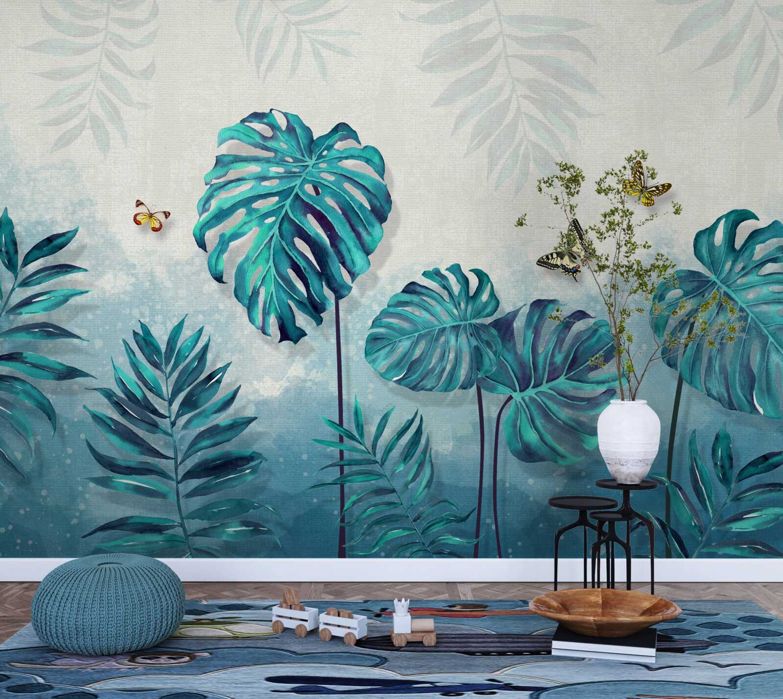 Фотошпалери листя монстери блакитне, прикрашене метеликами