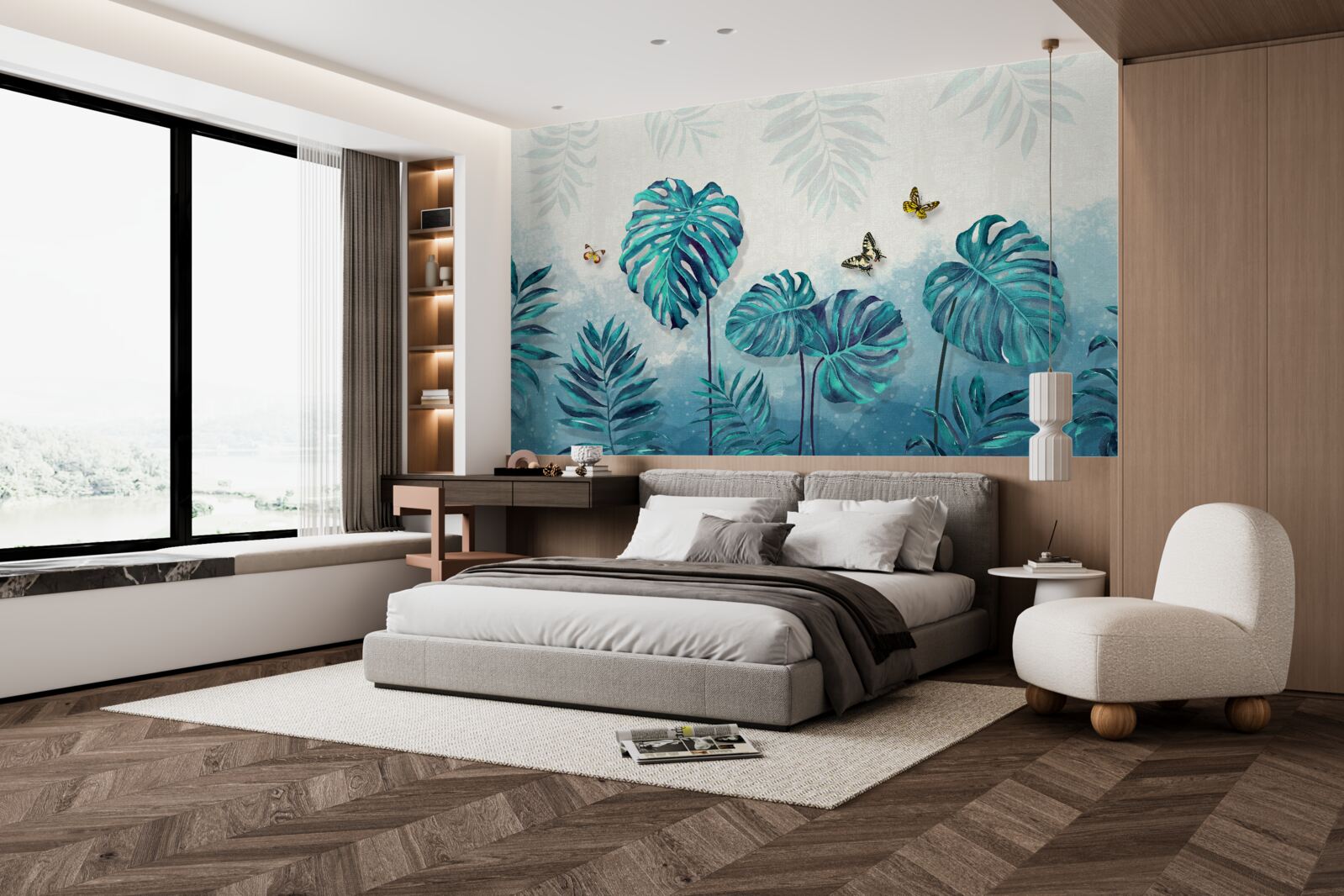 Фотошпалери листя монстери блакитне, прикрашене метеликами