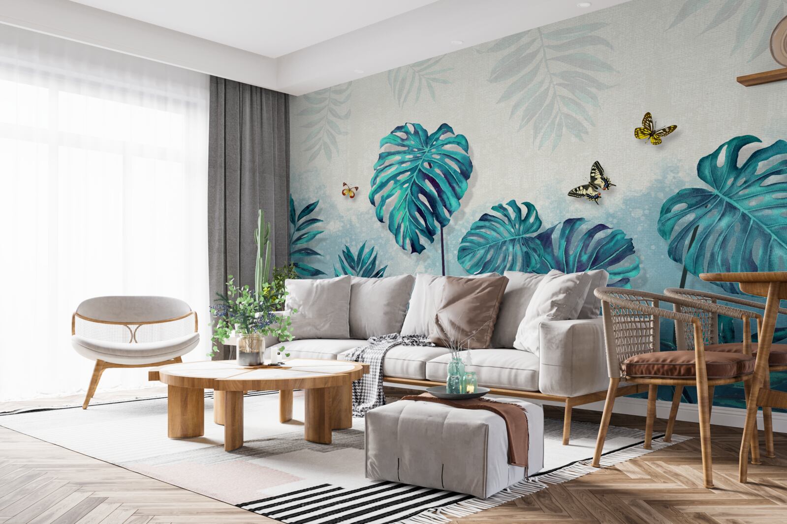 Фотошпалери листя монстери блакитне, прикрашене метеликами