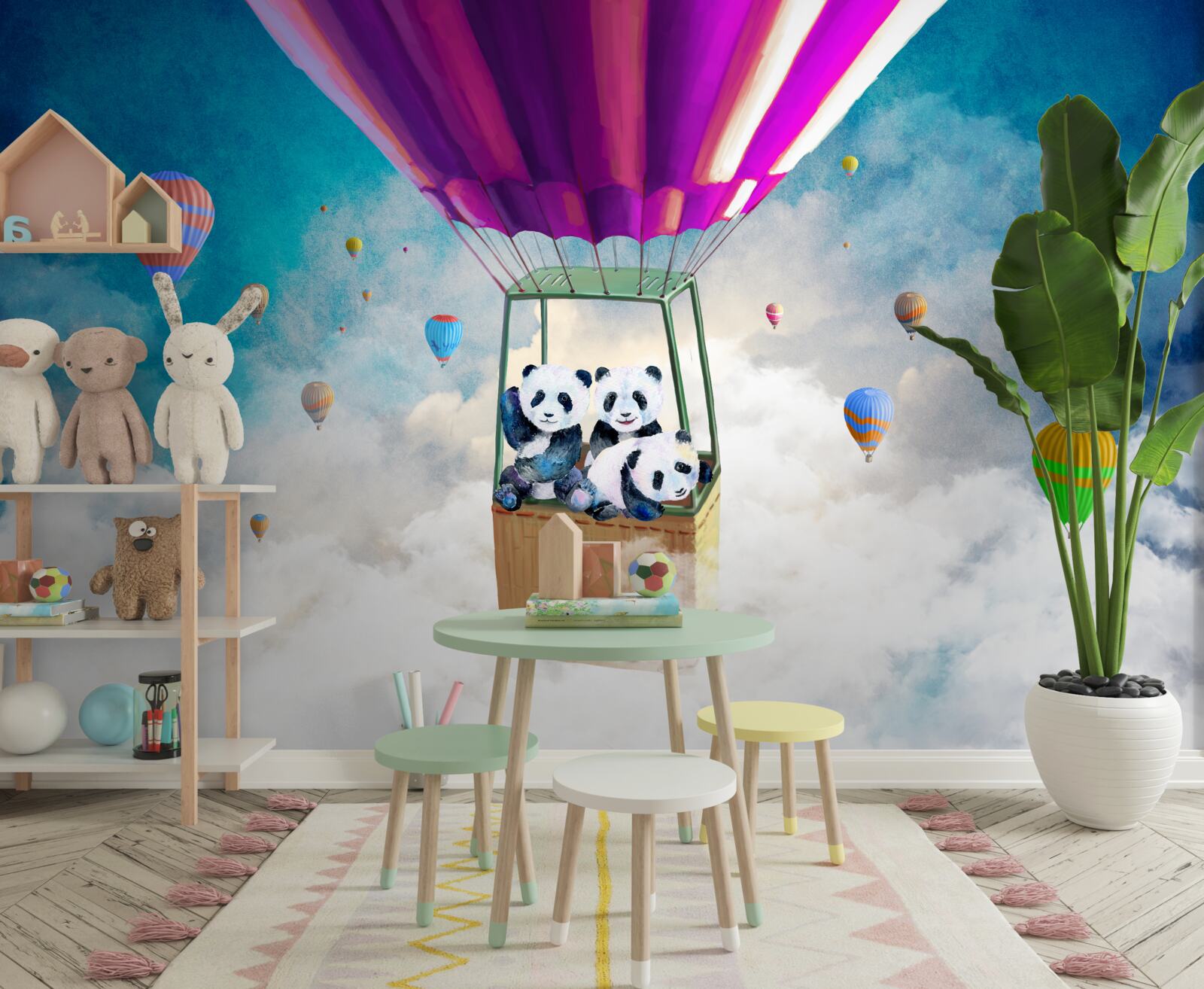 Фотошпалери повітряна куля піднімає панду в небо