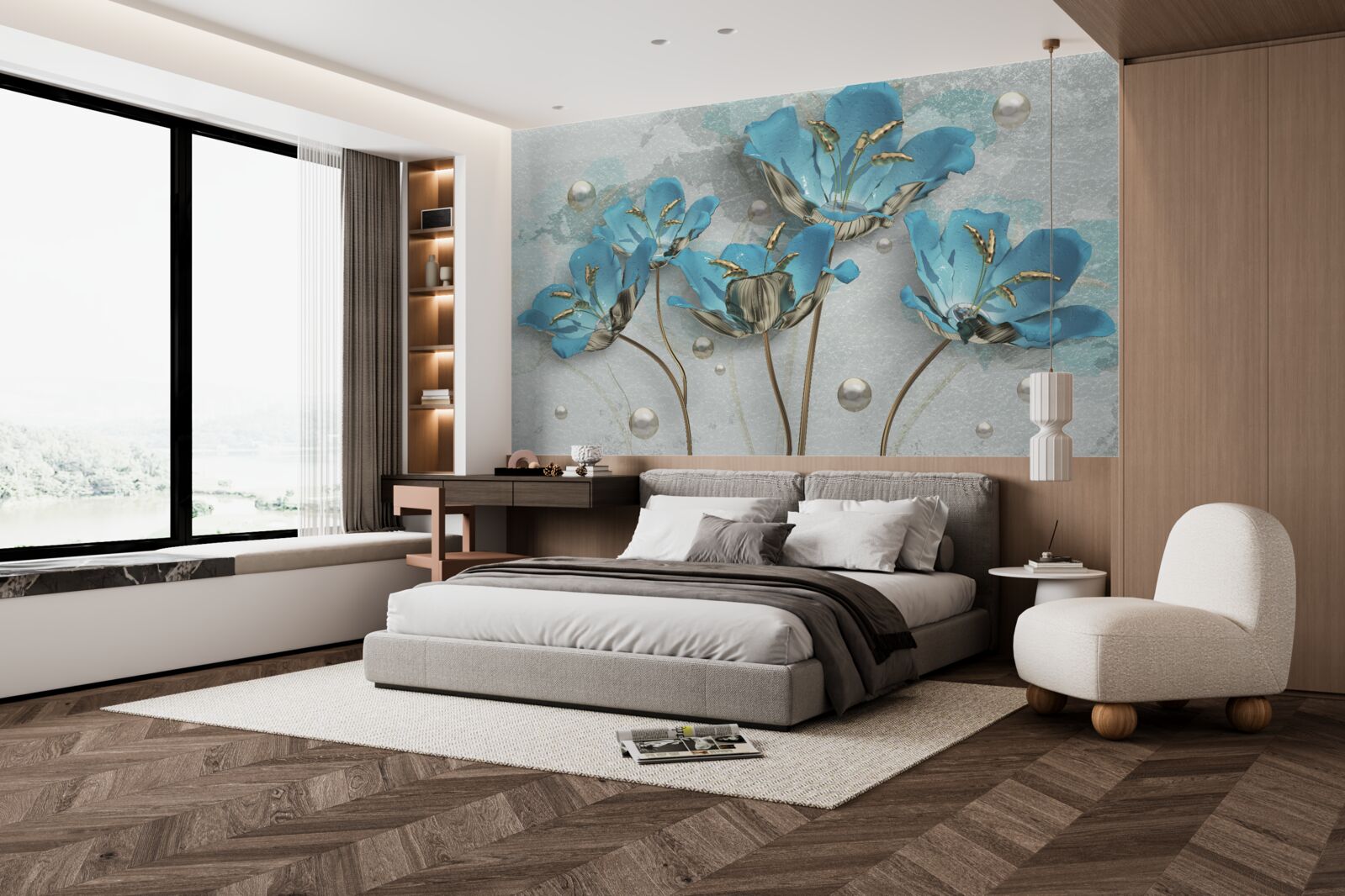 Фотошпалери сині квіти кольору металік