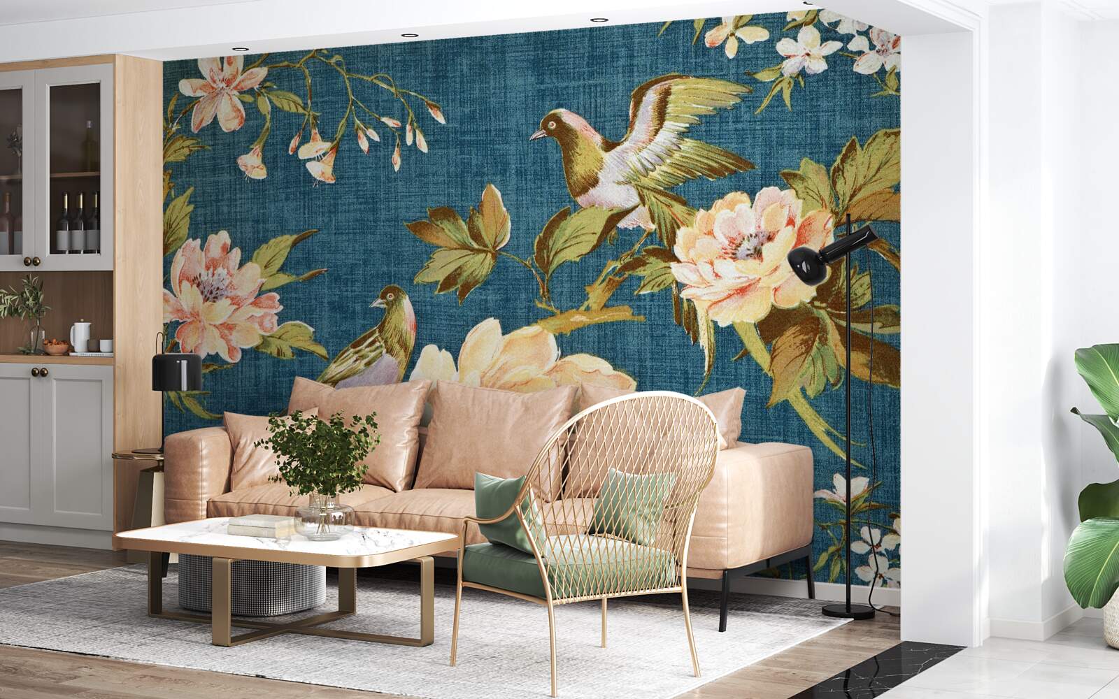 Фотошпалери два папуги серед троянд