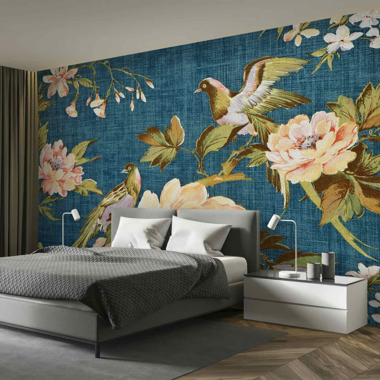 Фотошпалери два папуги серед троянд