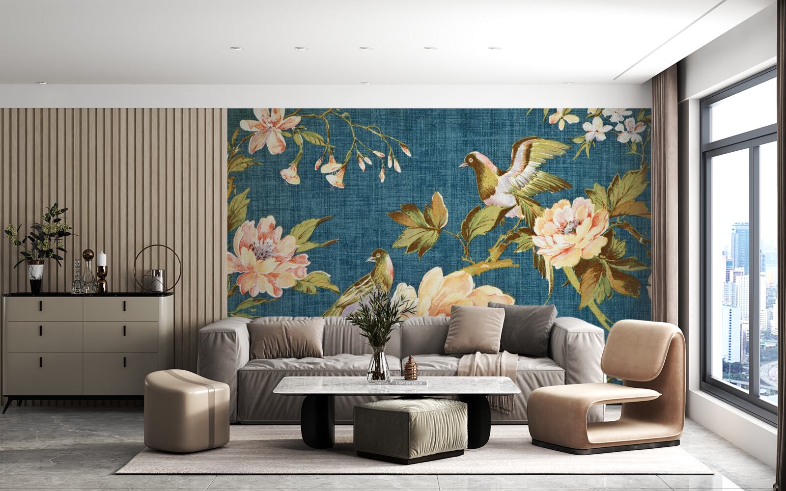 Фотошпалери два папуги серед троянд