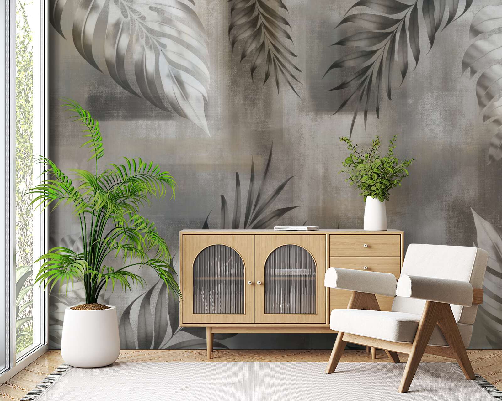 Фотошпалери листя монстери в чорно-білих тонах