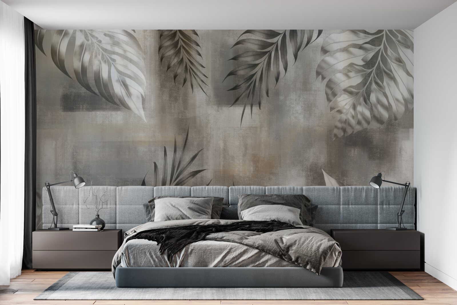 Фотошпалери листя монстери в чорно-білих тонах