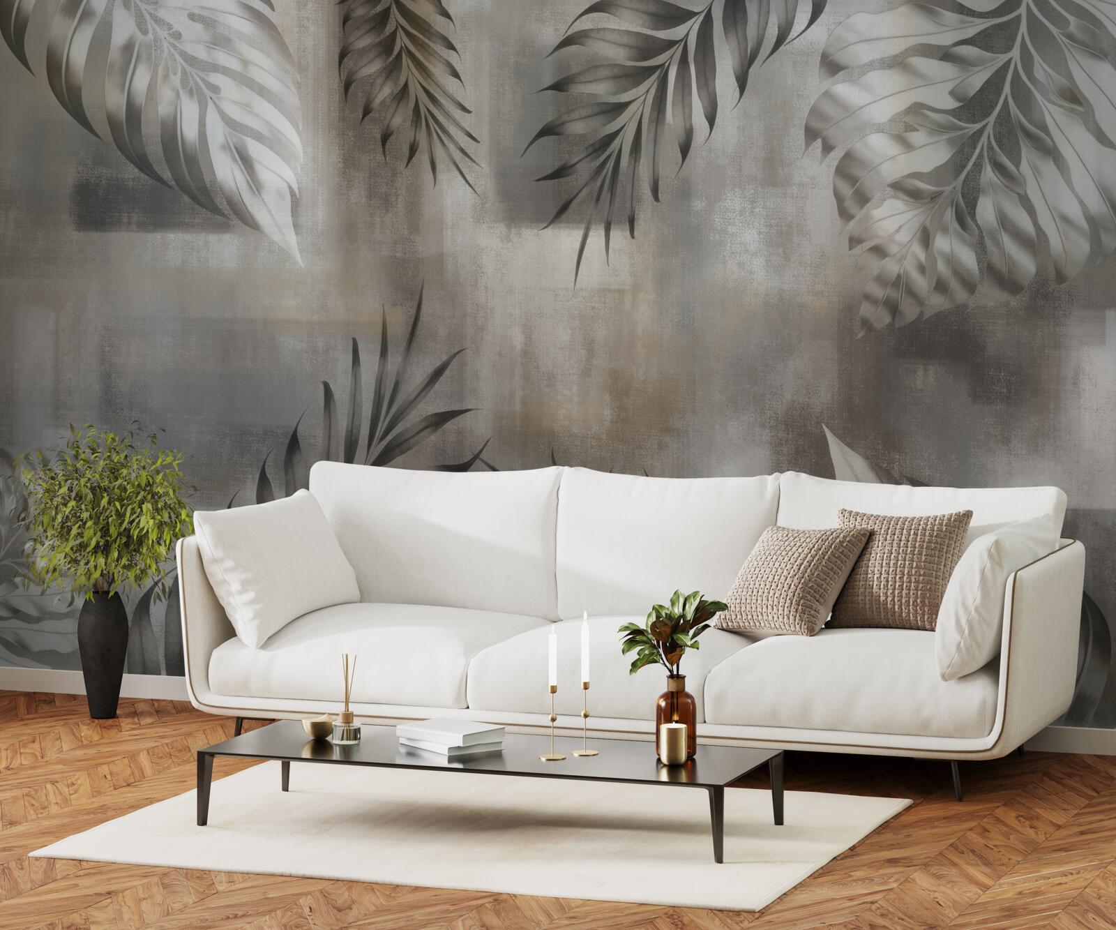 Фотошпалери листя монстери в чорно-білих тонах