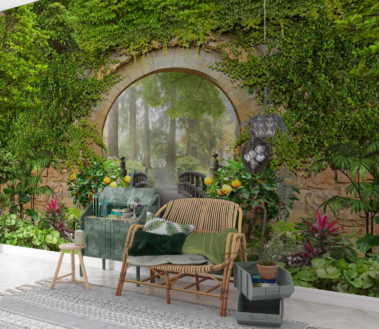 Фотошпалери заросла зелена арка в лісі