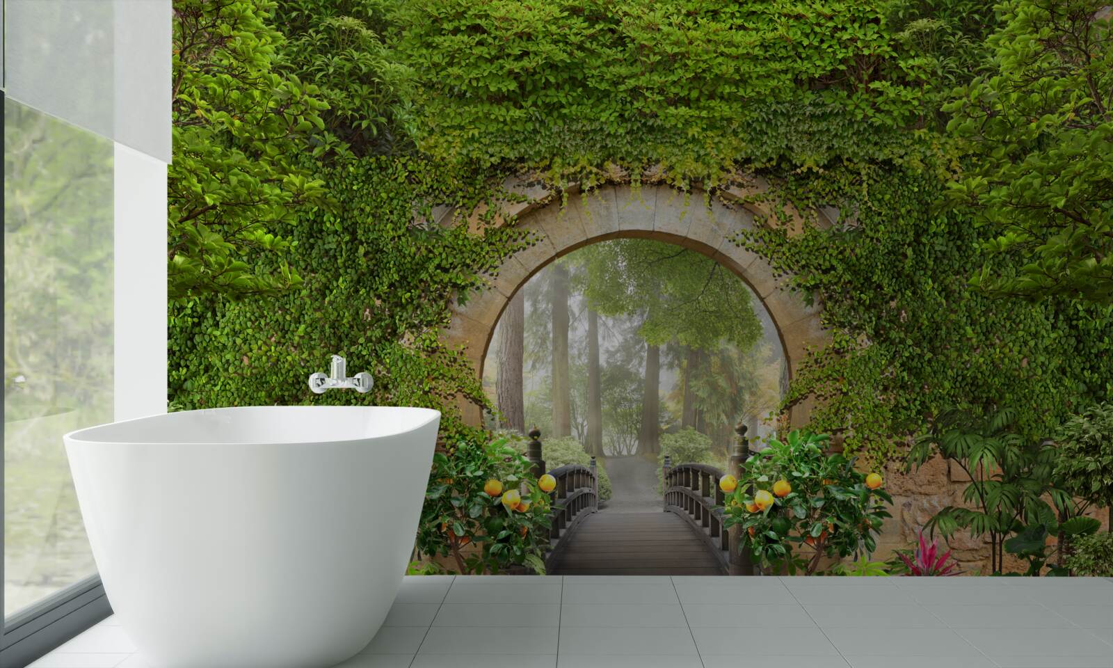 Фотошпалери заросла зелена арка в лісі