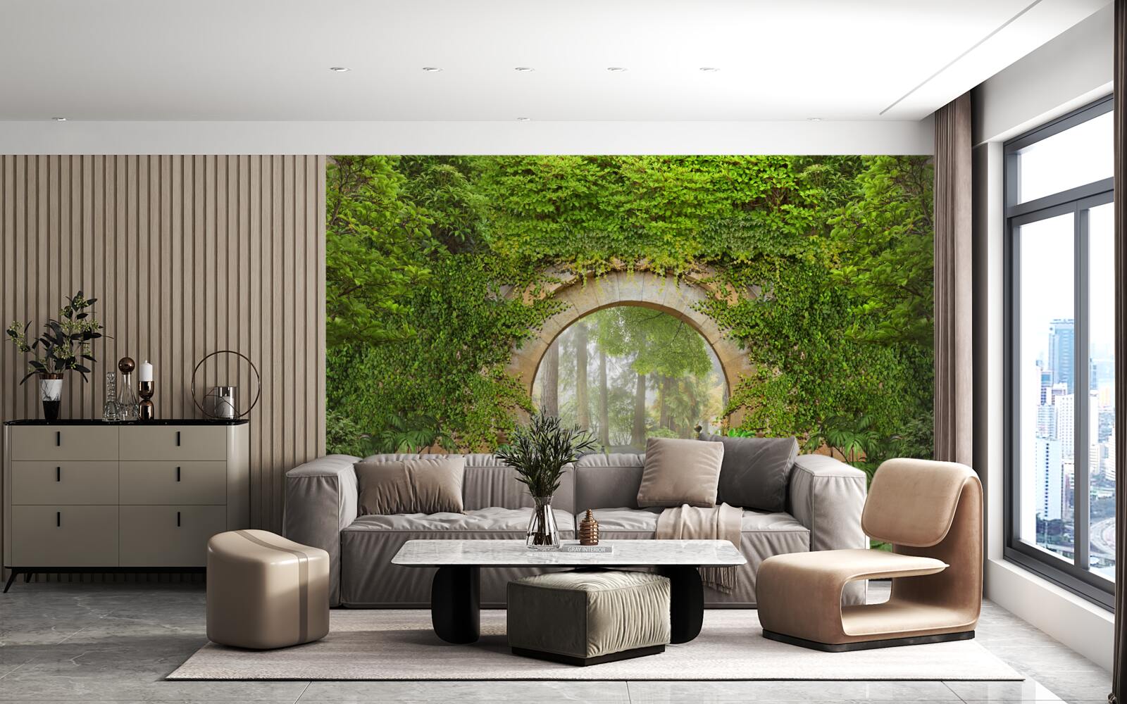 Фотошпалери заросла зелена арка в лісі