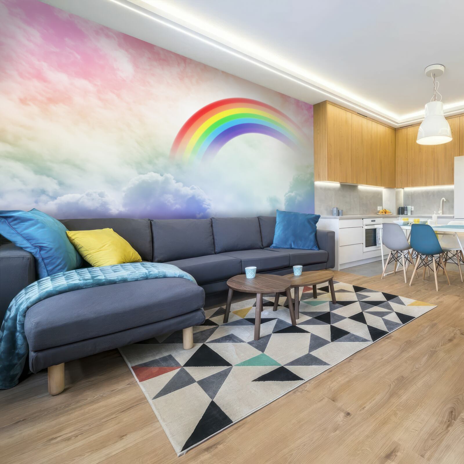 Фотошпалери над хмарами сяє різнобарвна веселка