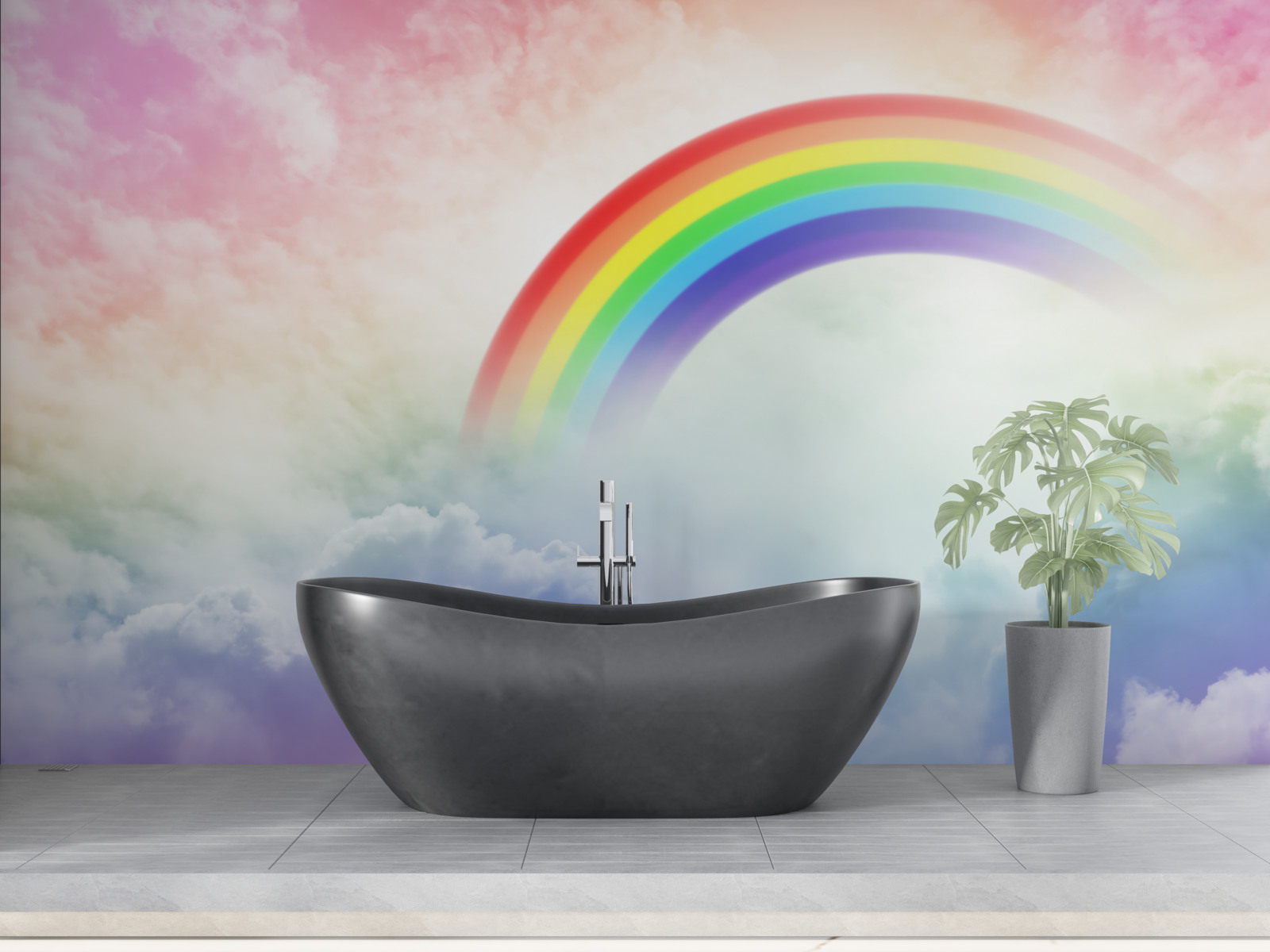 Фотошпалери над хмарами сяє різнобарвна веселка