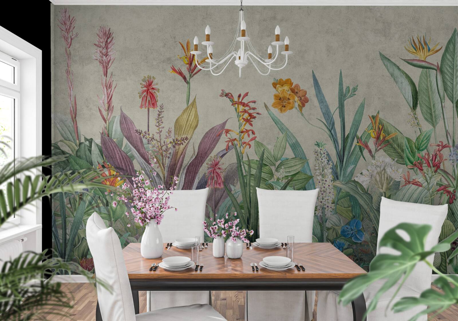 Фотошпалери тропічний зелений з квітами