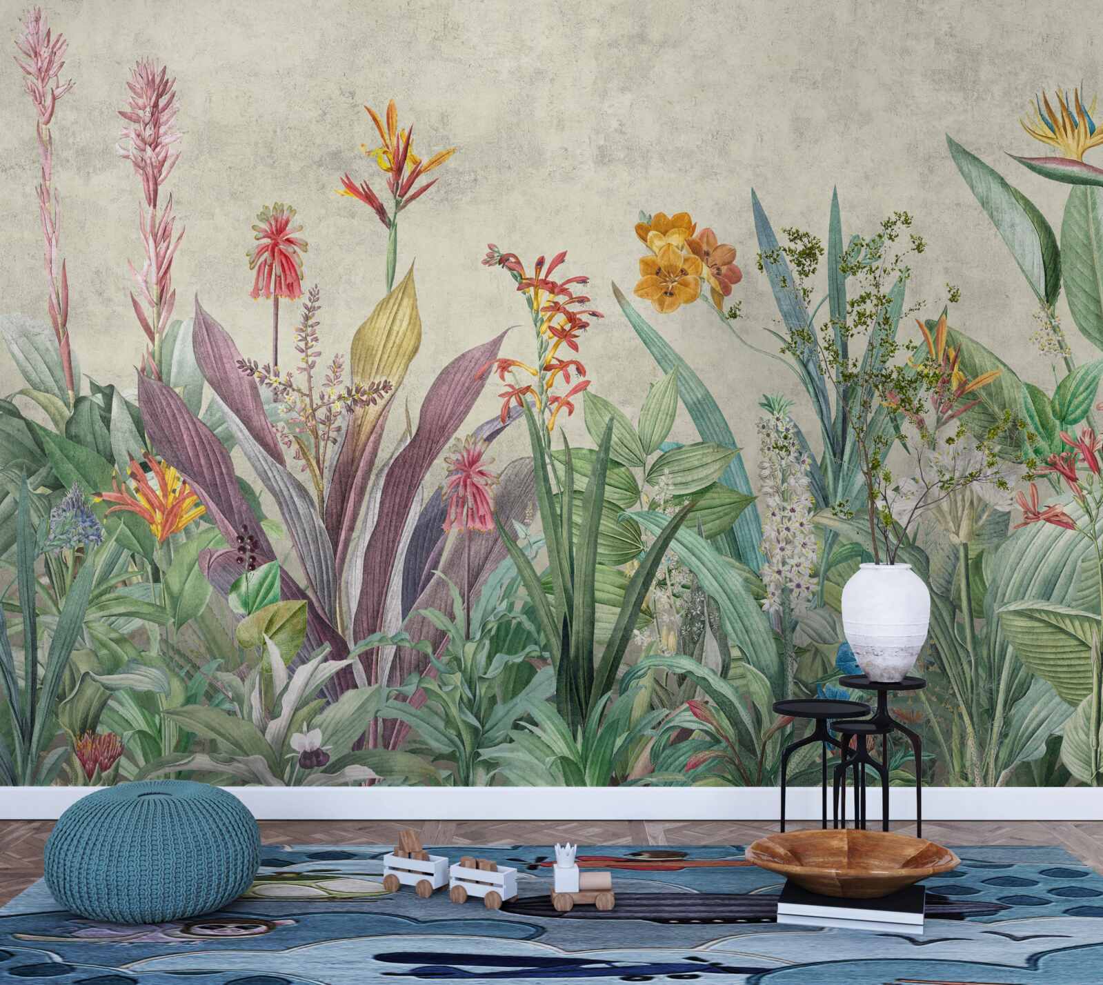 Фотошпалери тропічний зелений з квітами