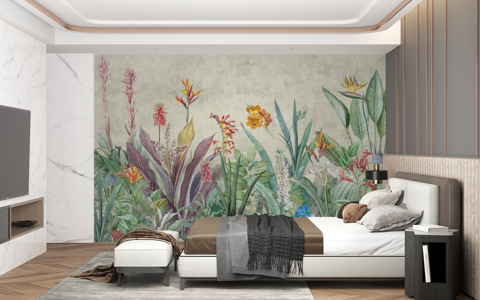 Фотошпалери тропічний зелений з квітами