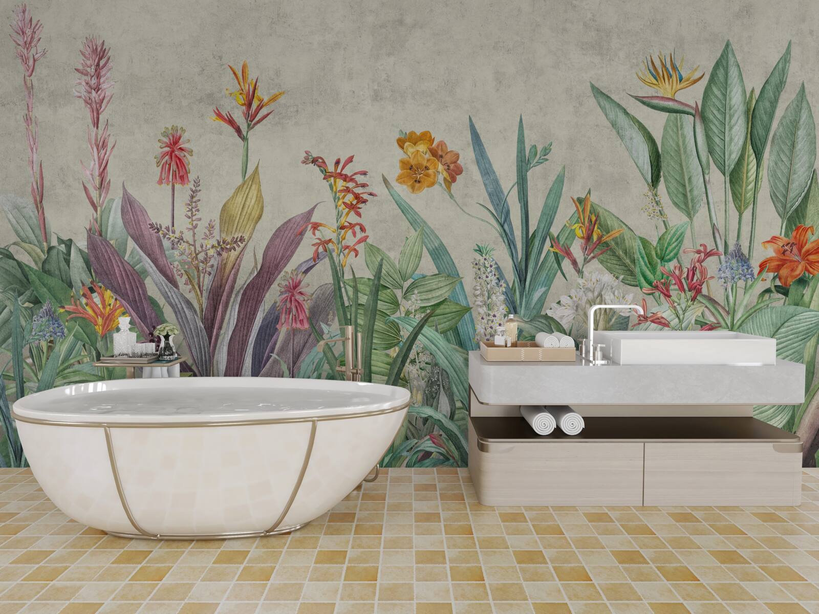 Фотошпалери тропічний зелений з квітами