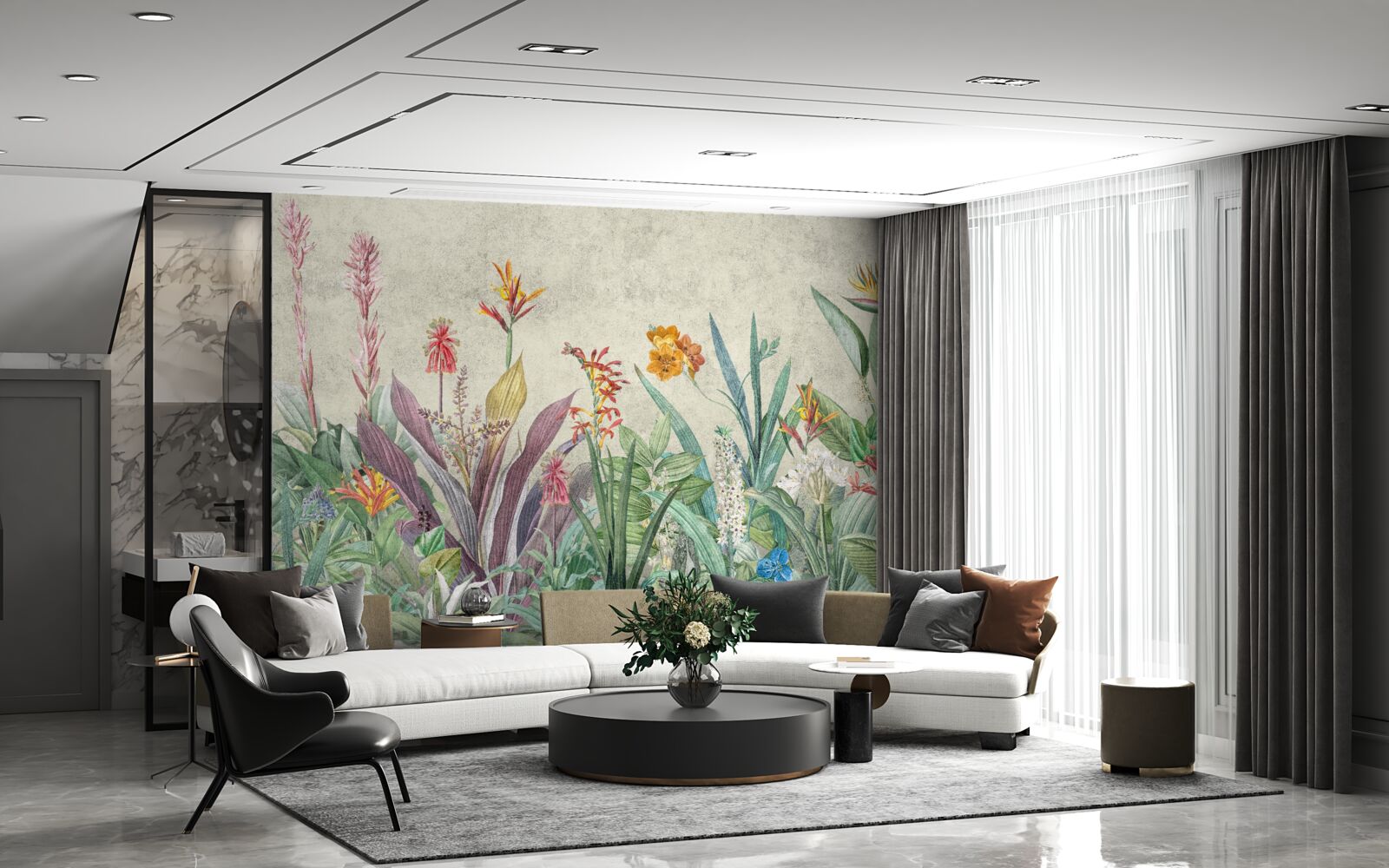 Фотошпалери тропічний зелений з квітами