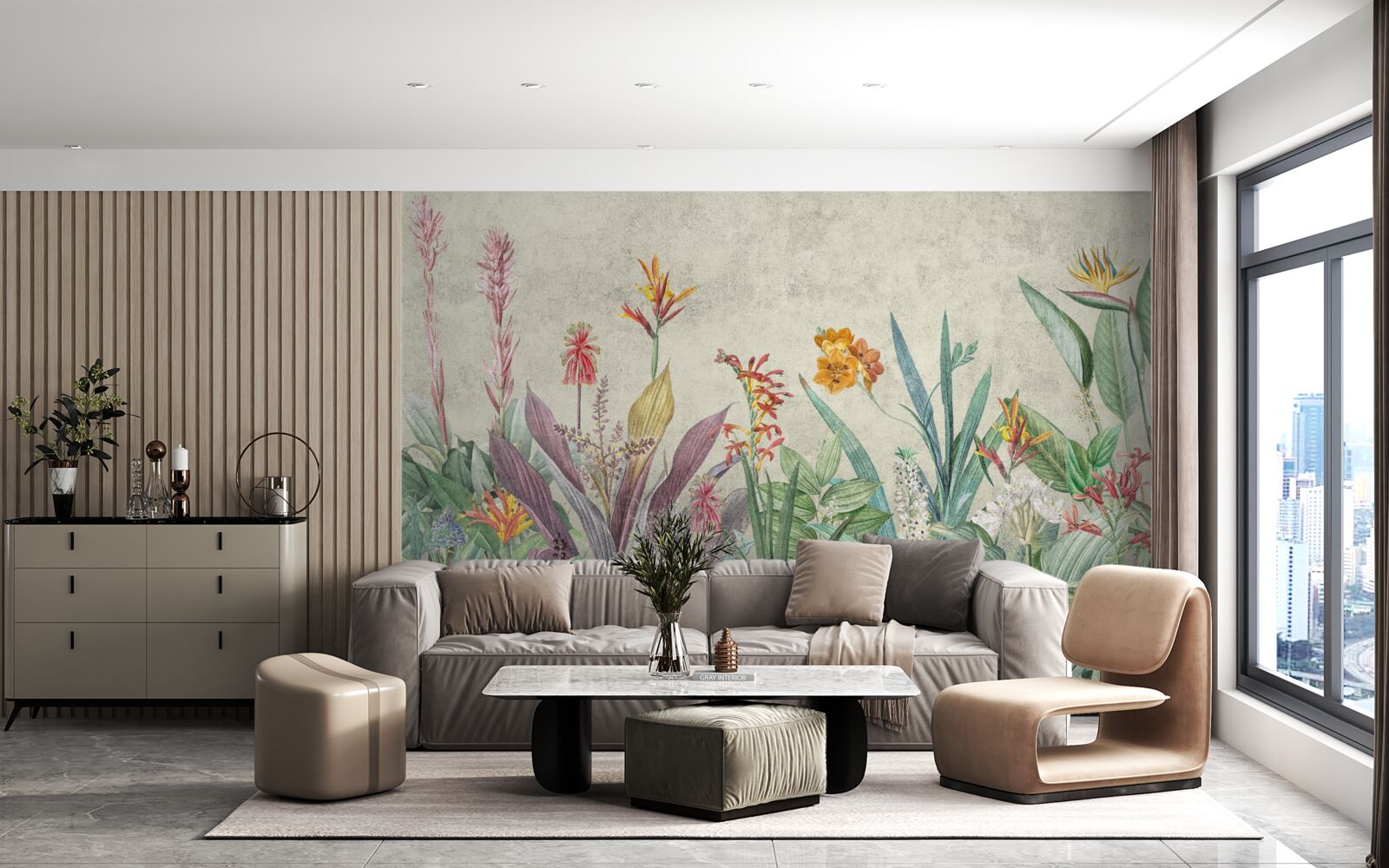 Фотошпалери тропічний зелений з квітами