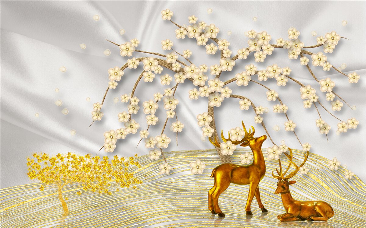 Фотошпалери олень із золота гуляє під гілками сакури