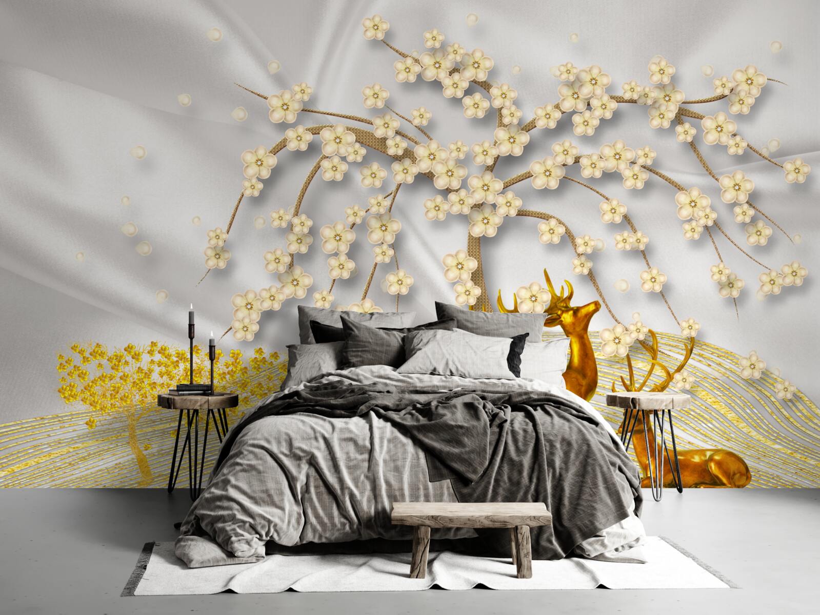 Фотошпалери олень із золота гуляє під гілками сакури