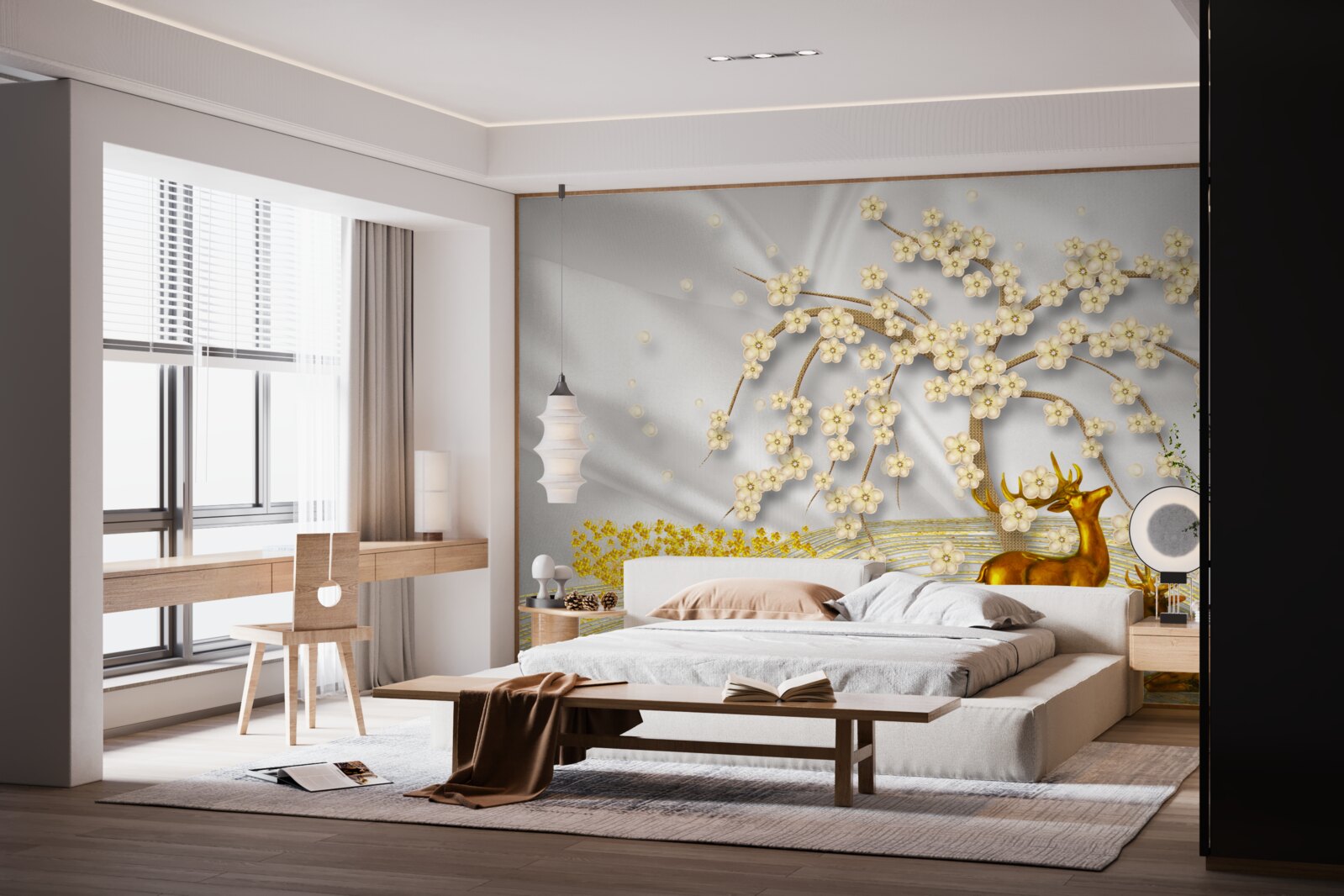 Фотошпалери олень із золота гуляє під гілками сакури