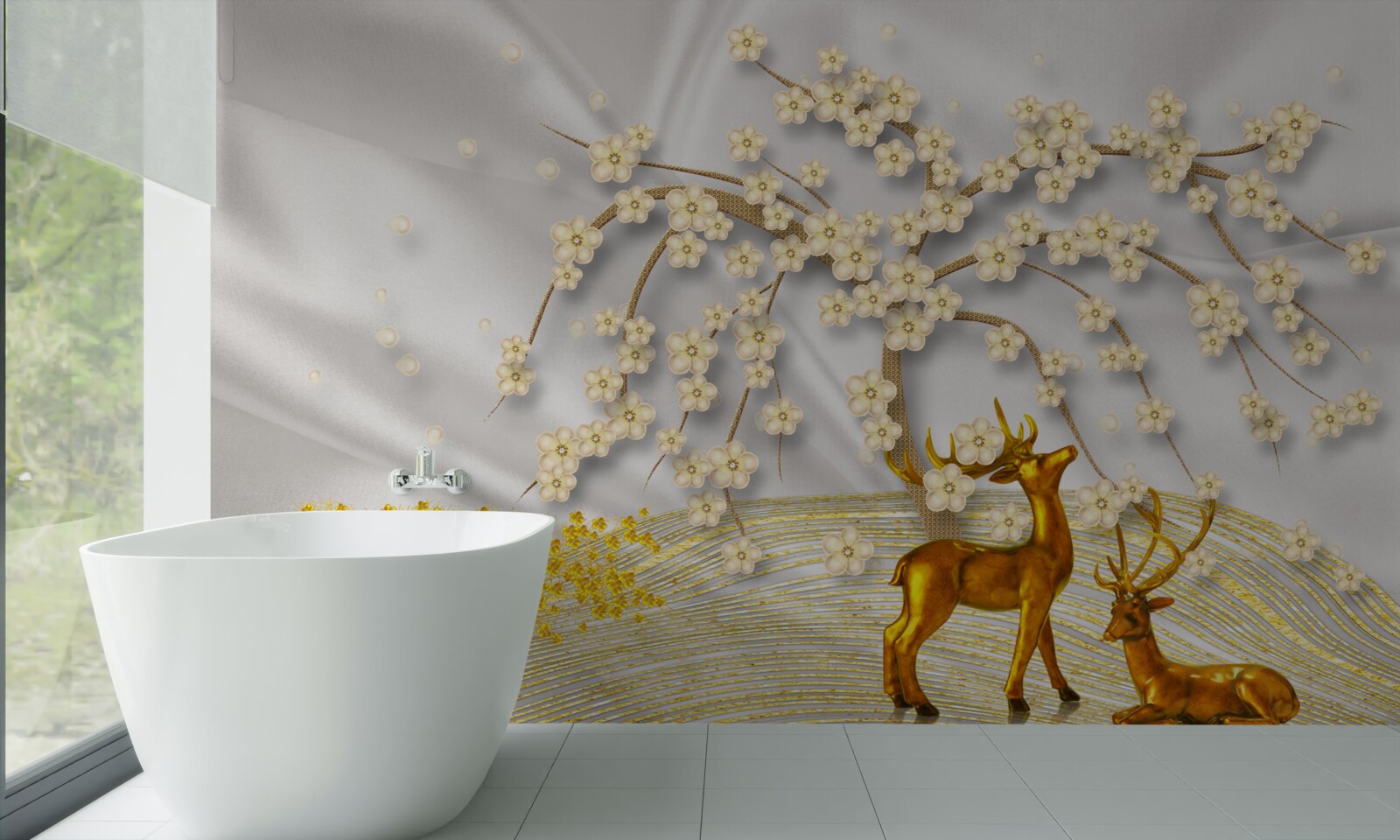 Фотошпалери олень із золота гуляє під гілками сакури