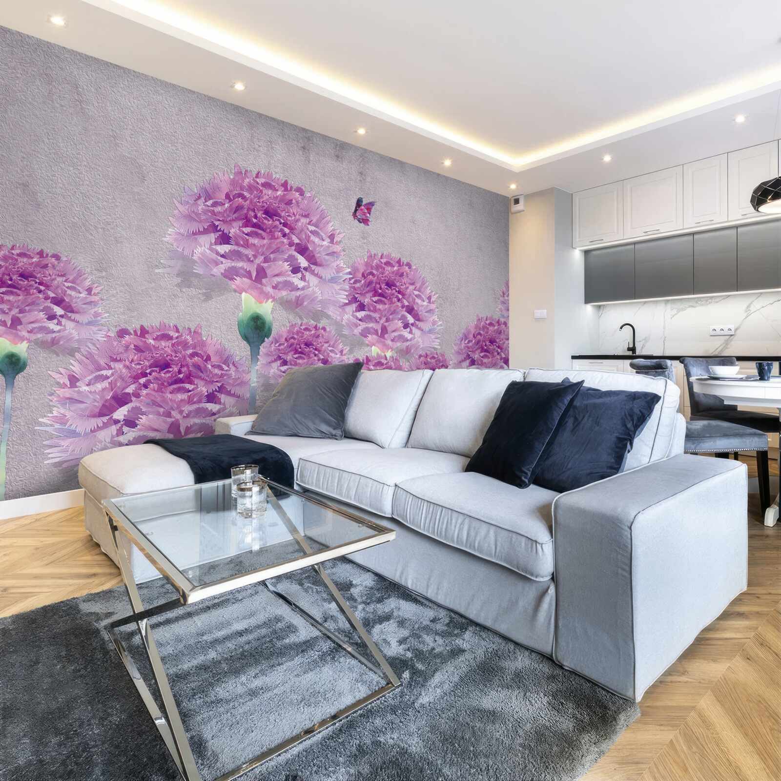 Фотошпалери великі бузкові гвоздики та метелик