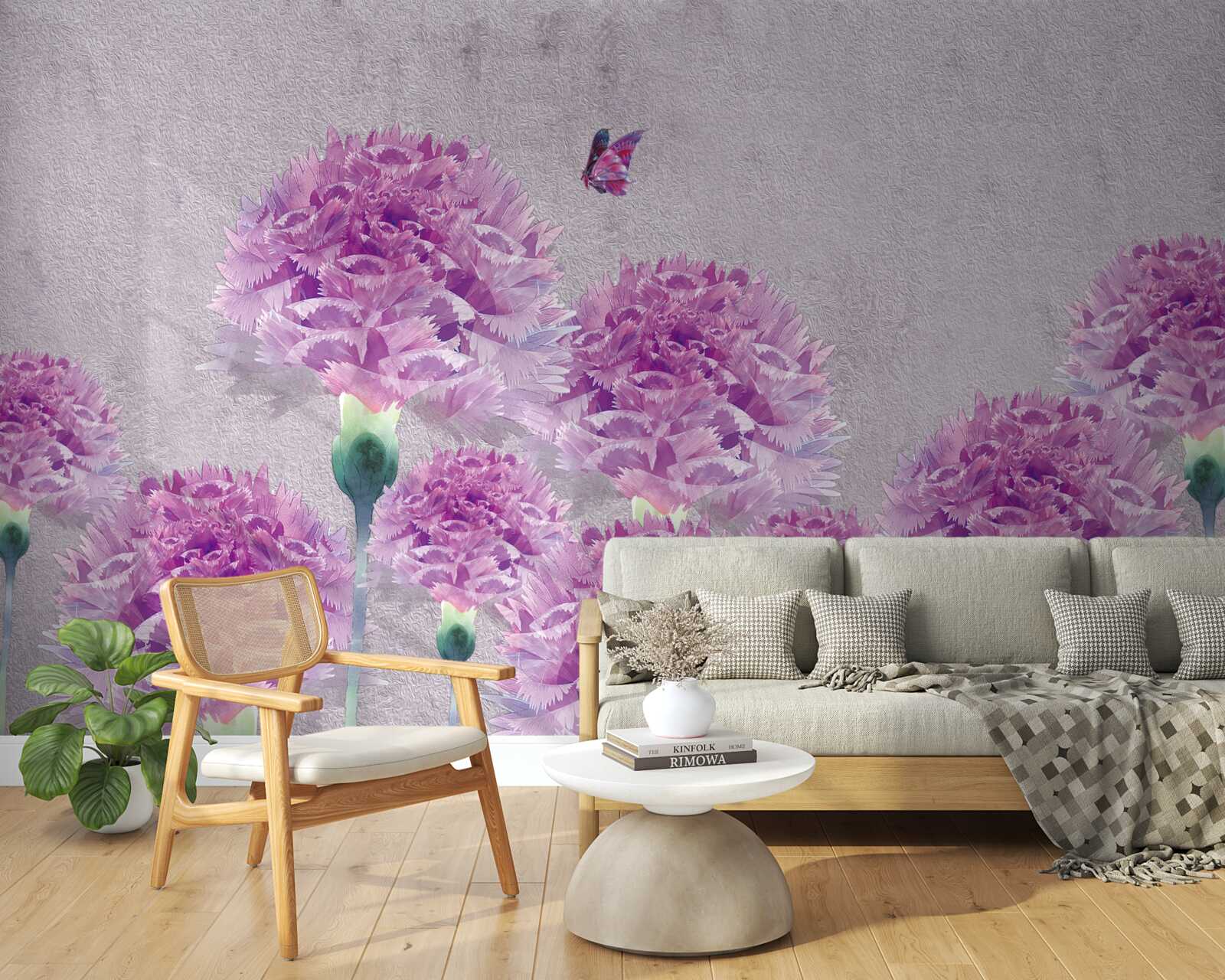 Фотошпалери великі бузкові гвоздики та метелик