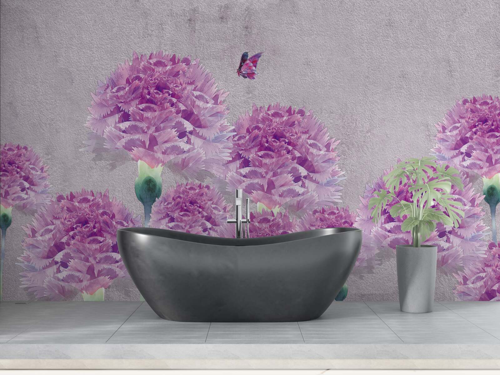 Фотошпалери великі бузкові гвоздики та метелик