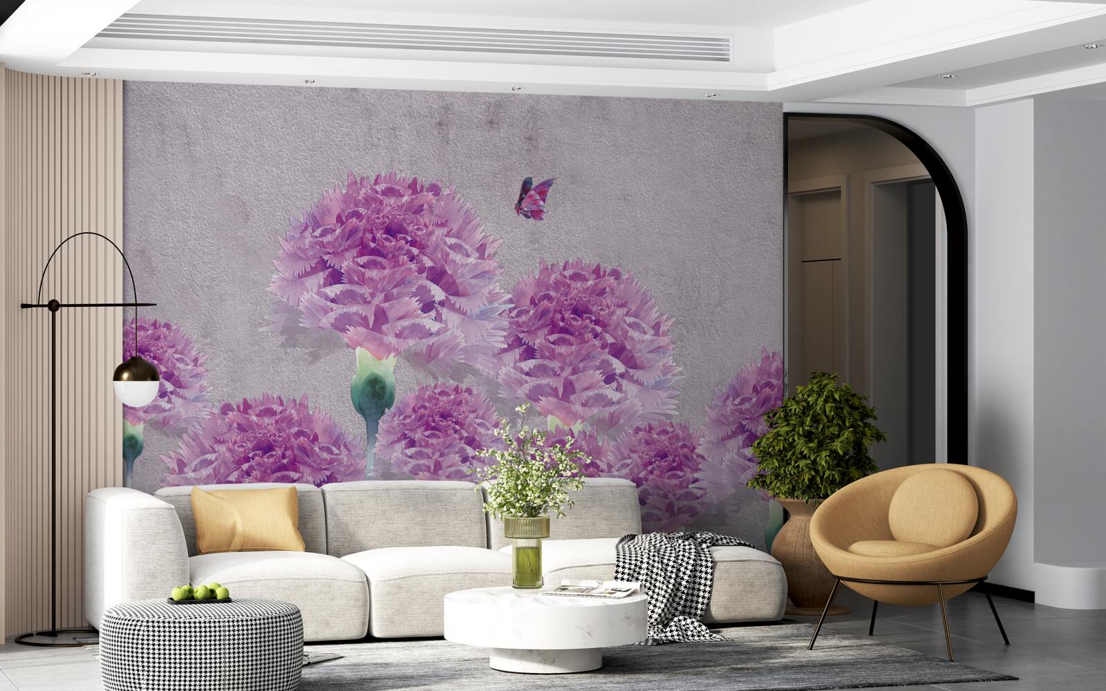 Фотошпалери великі бузкові гвоздики та метелик