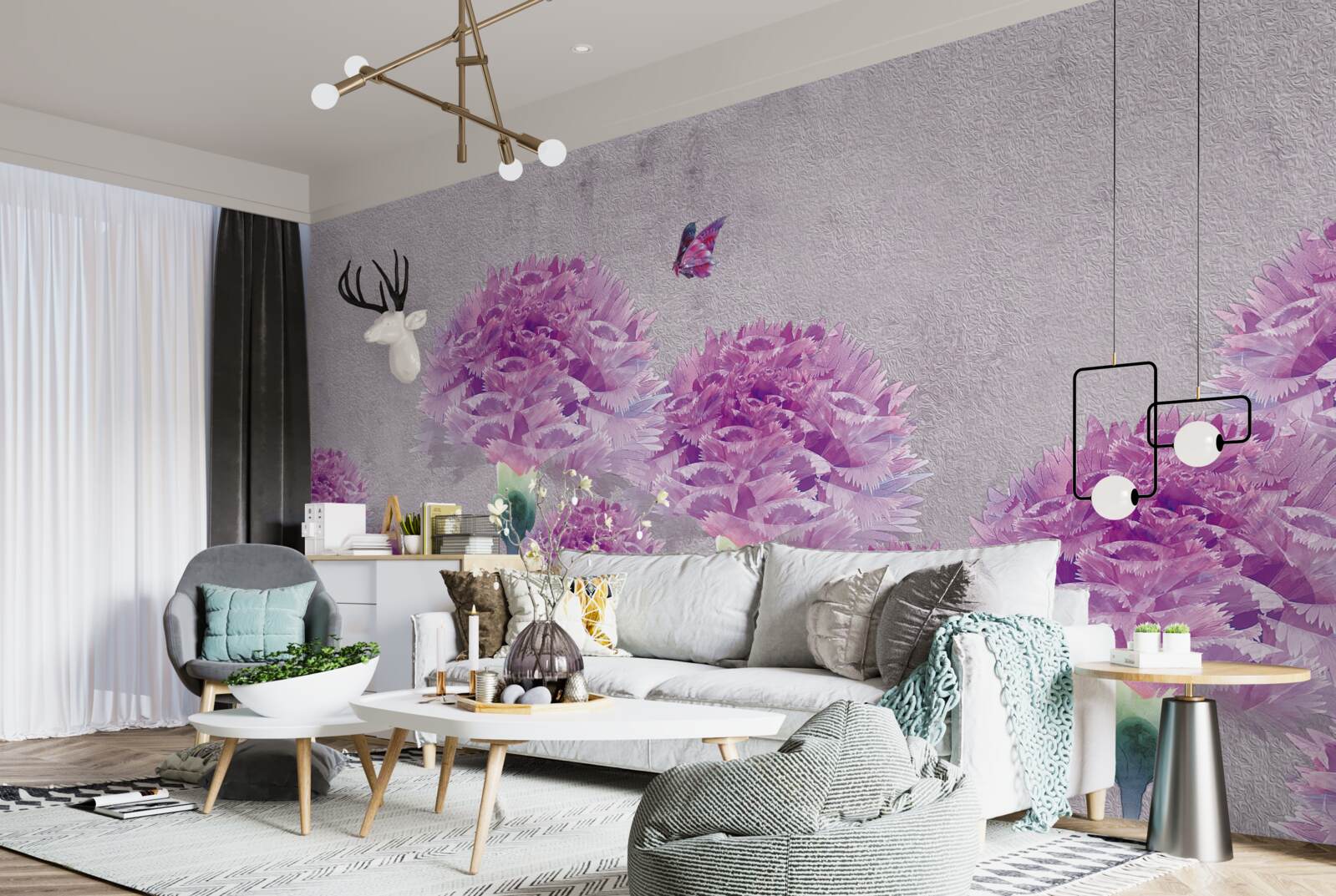 Фотошпалери великі бузкові гвоздики та метелик