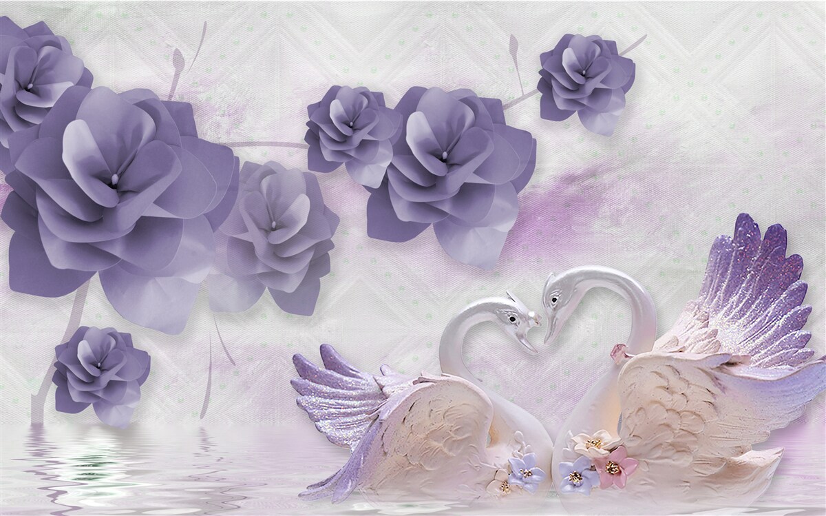 Фотошпалери ніжні бутони та легкі лебеді на поверхні води