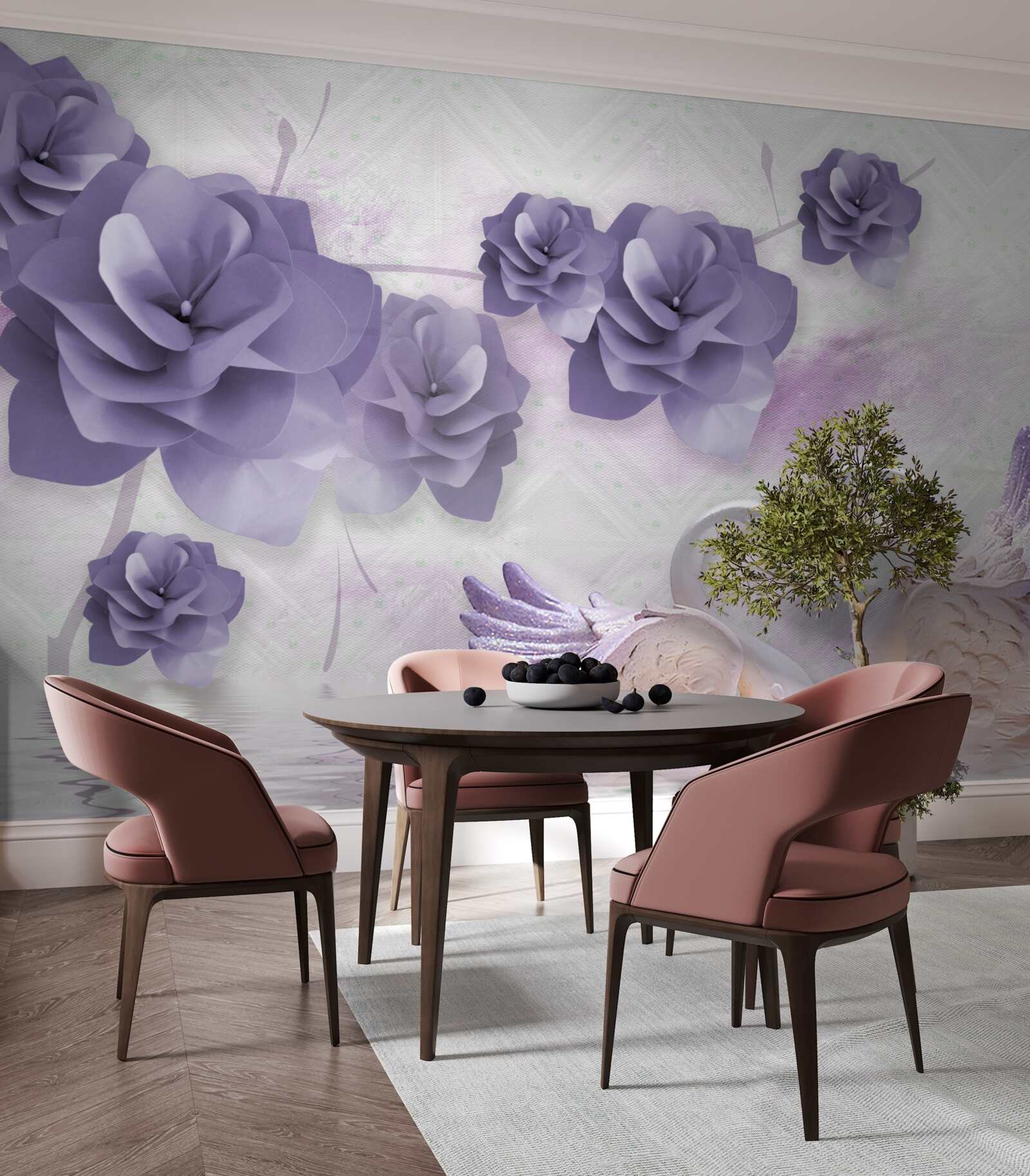 Фотошпалери ніжні бутони та легкі лебеді на поверхні води