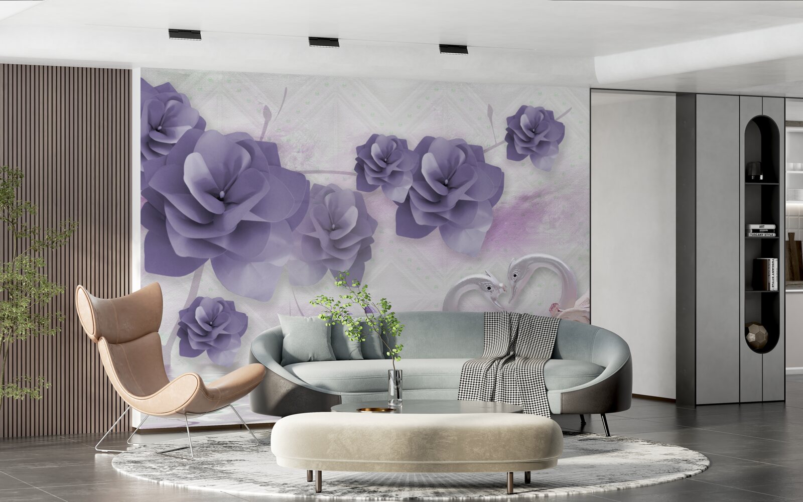 Фотошпалери ніжні бутони та легкі лебеді на поверхні води