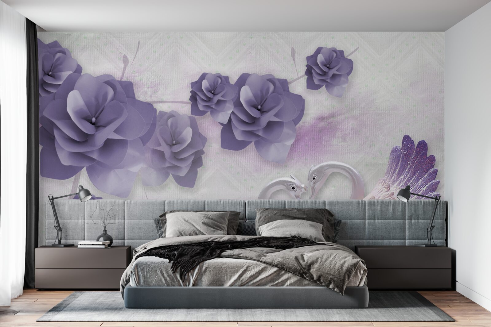 Фотошпалери ніжні бутони та легкі лебеді на поверхні води