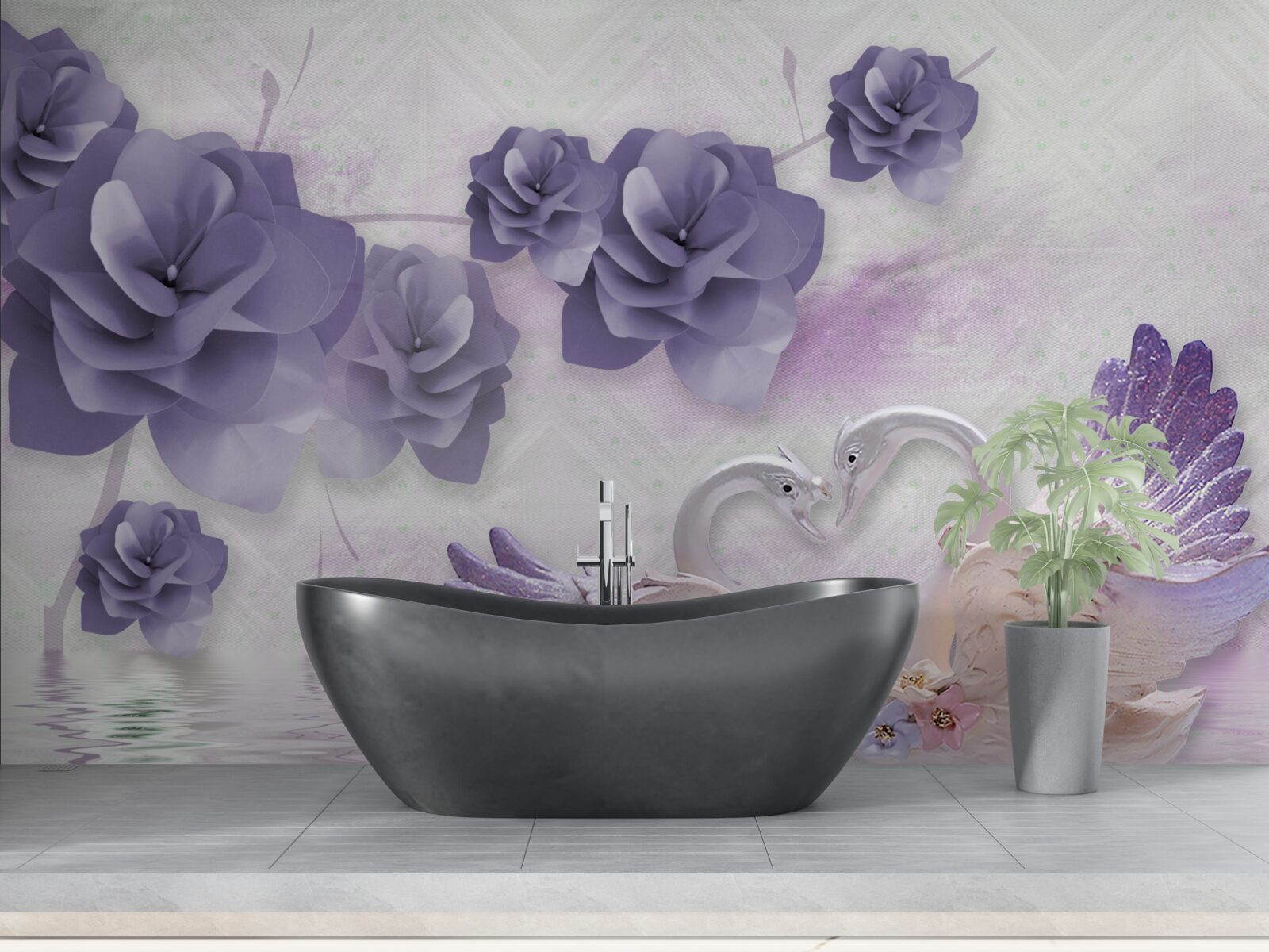 Фотошпалери ніжні бутони та легкі лебеді на поверхні води