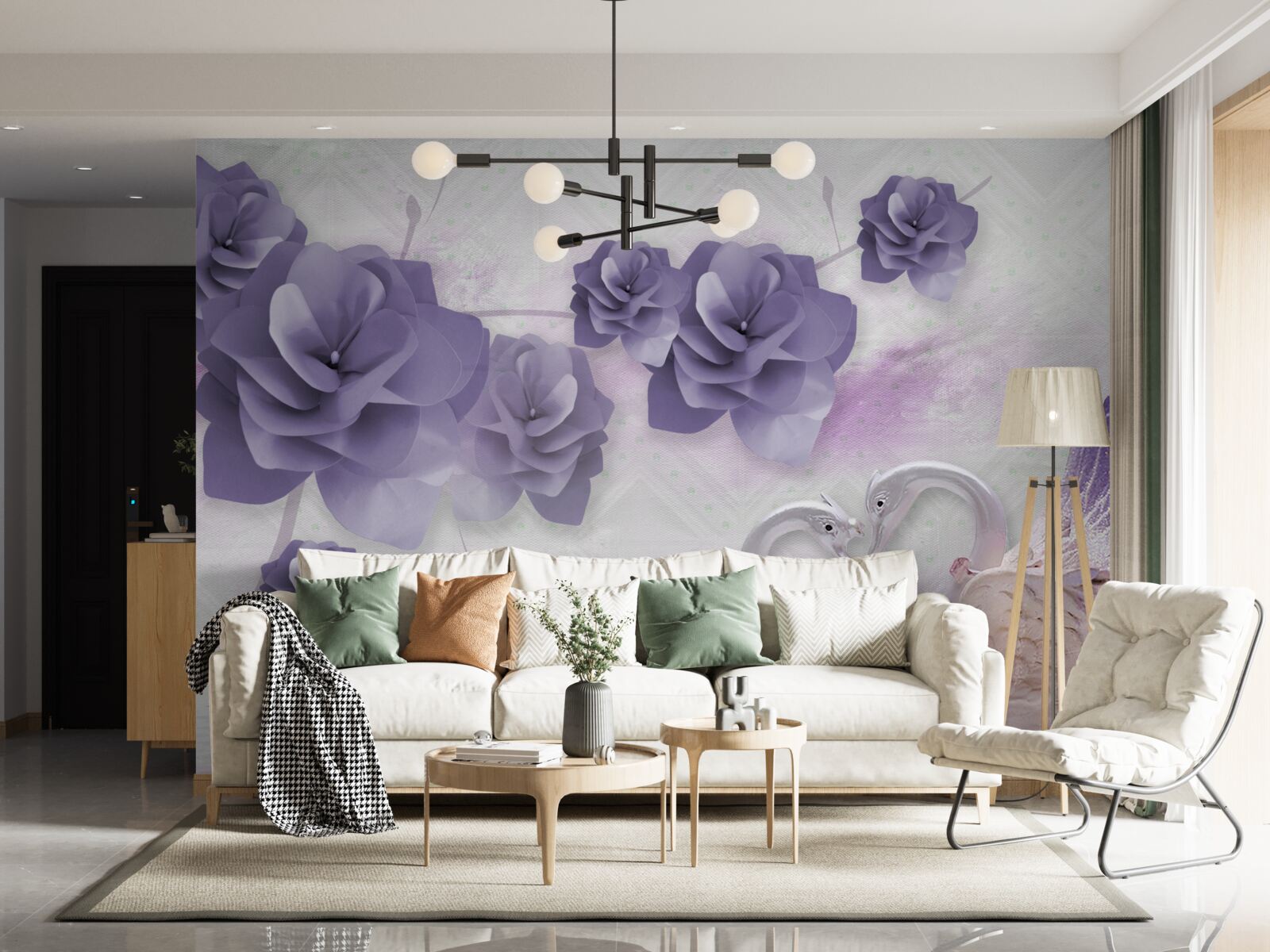 Фотошпалери ніжні бутони та легкі лебеді на поверхні води