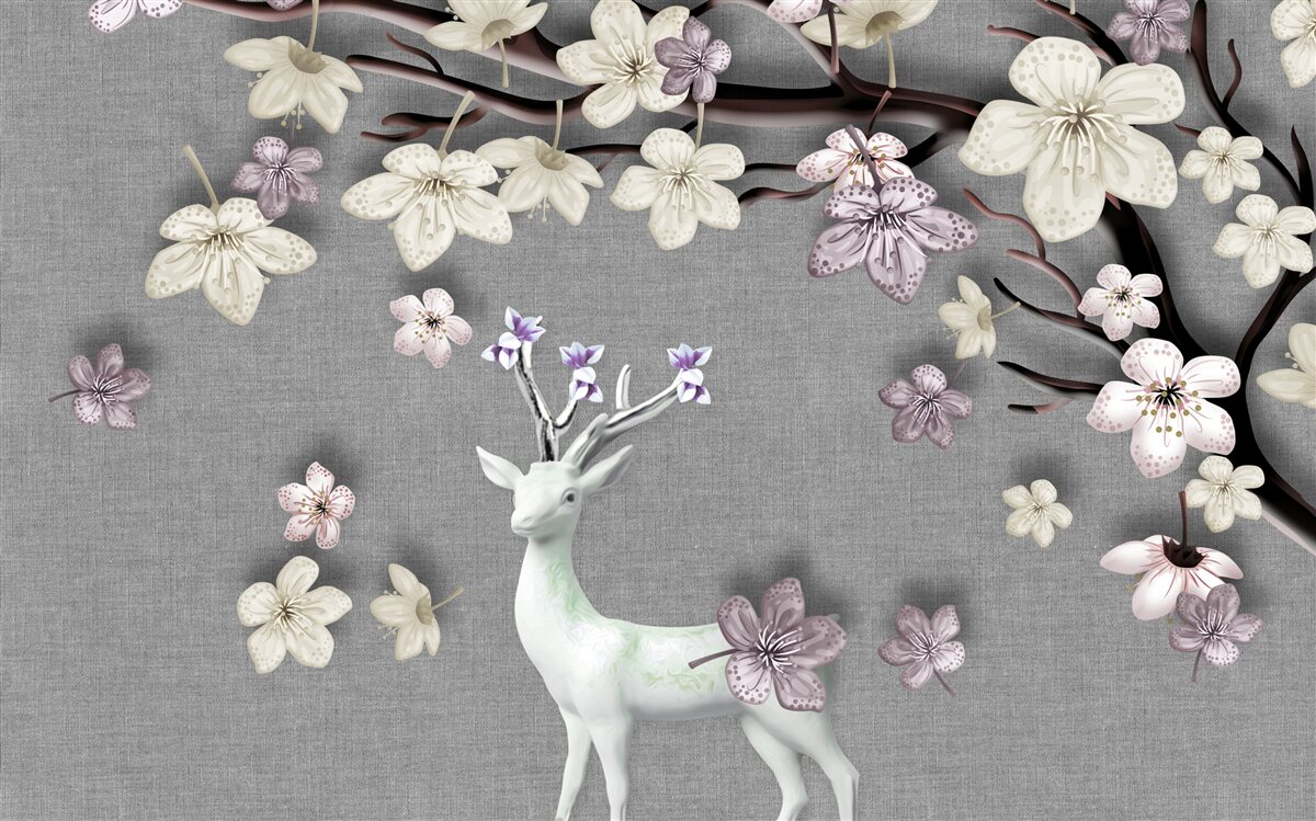 Фотошпалери квітучі гілки магнолії та білий олень