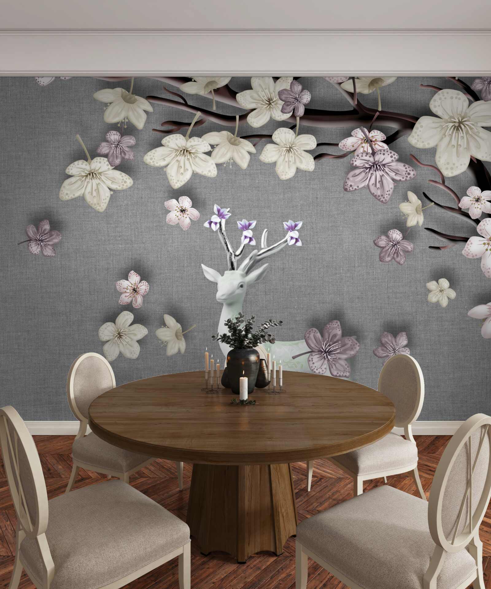 Фотошпалери квітучі гілки магнолії та білий олень