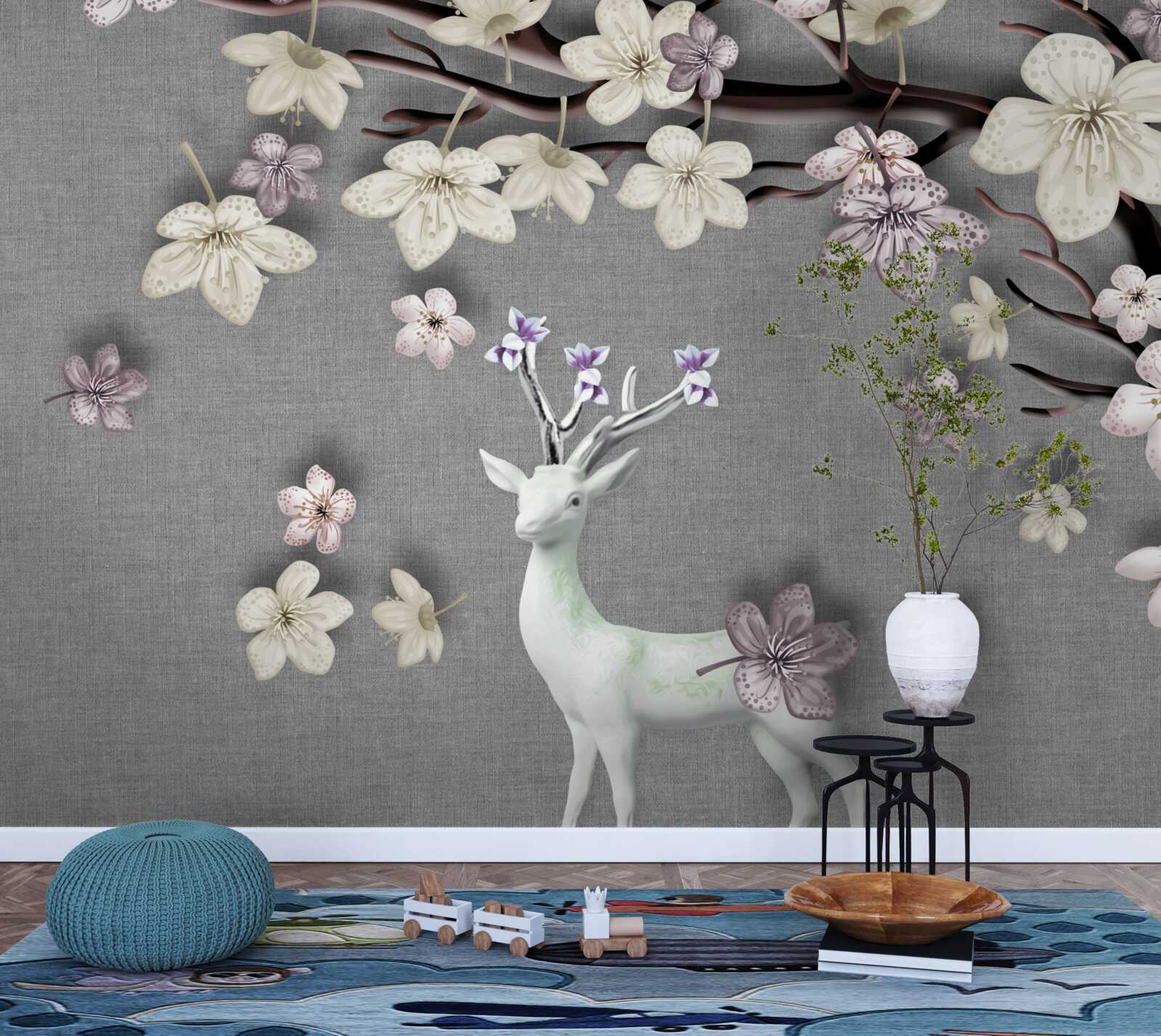 Фотошпалери квітучі гілки магнолії та білий олень