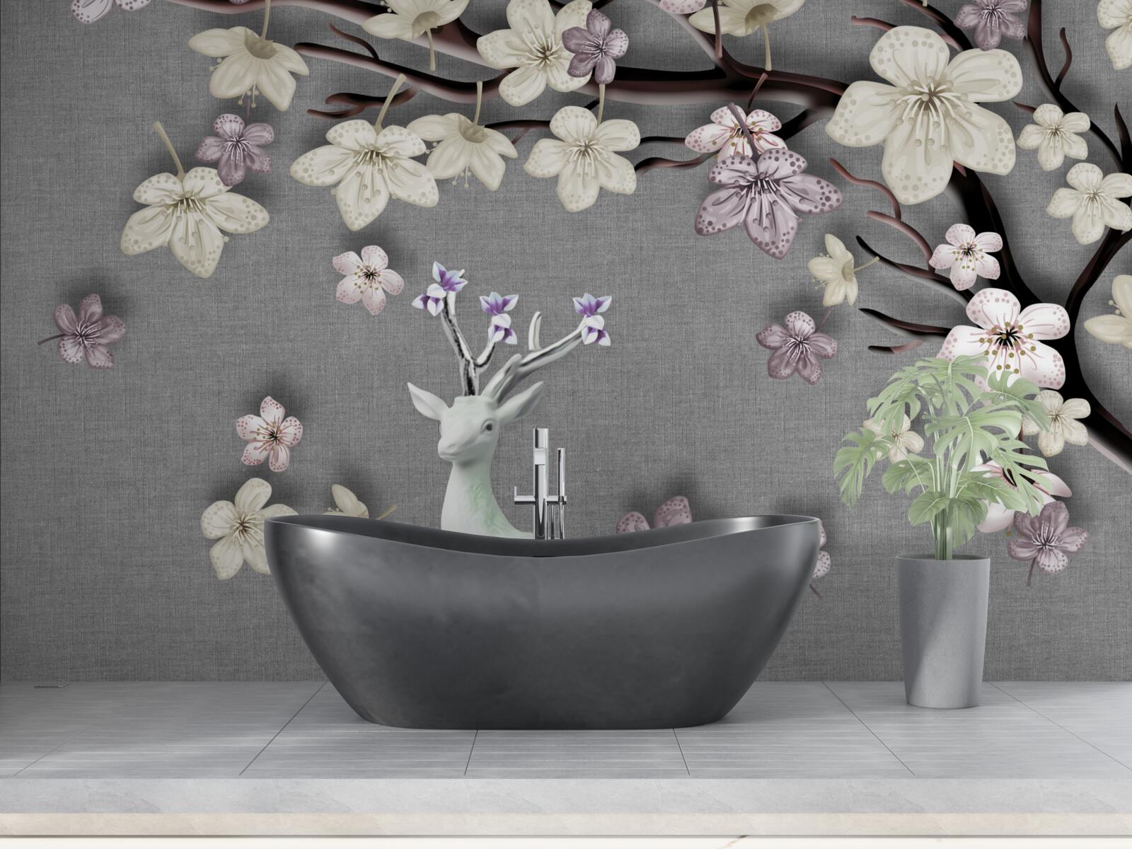 Фотошпалери квітучі гілки магнолії та білий олень