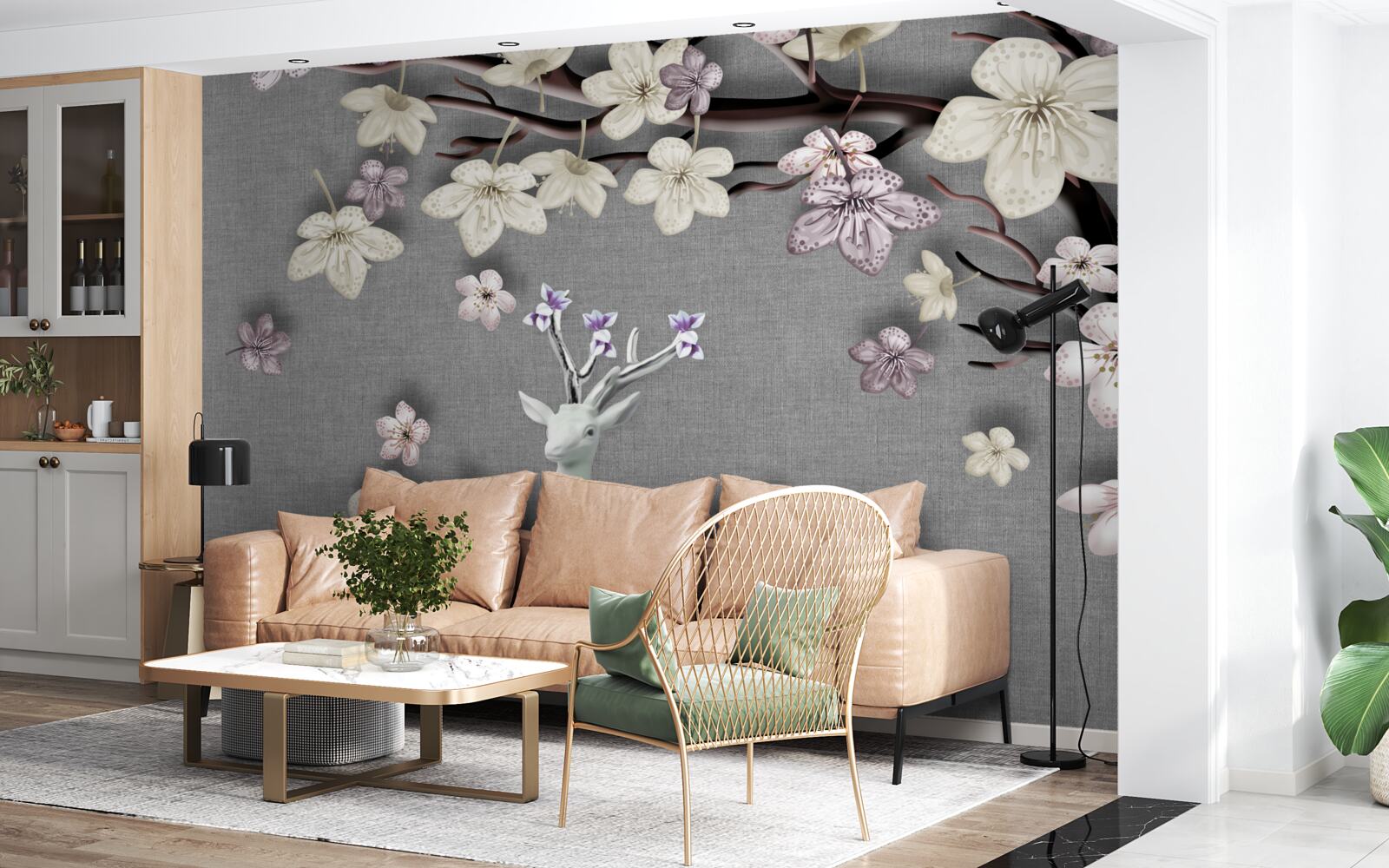 Фотошпалери квітучі гілки магнолії та білий олень