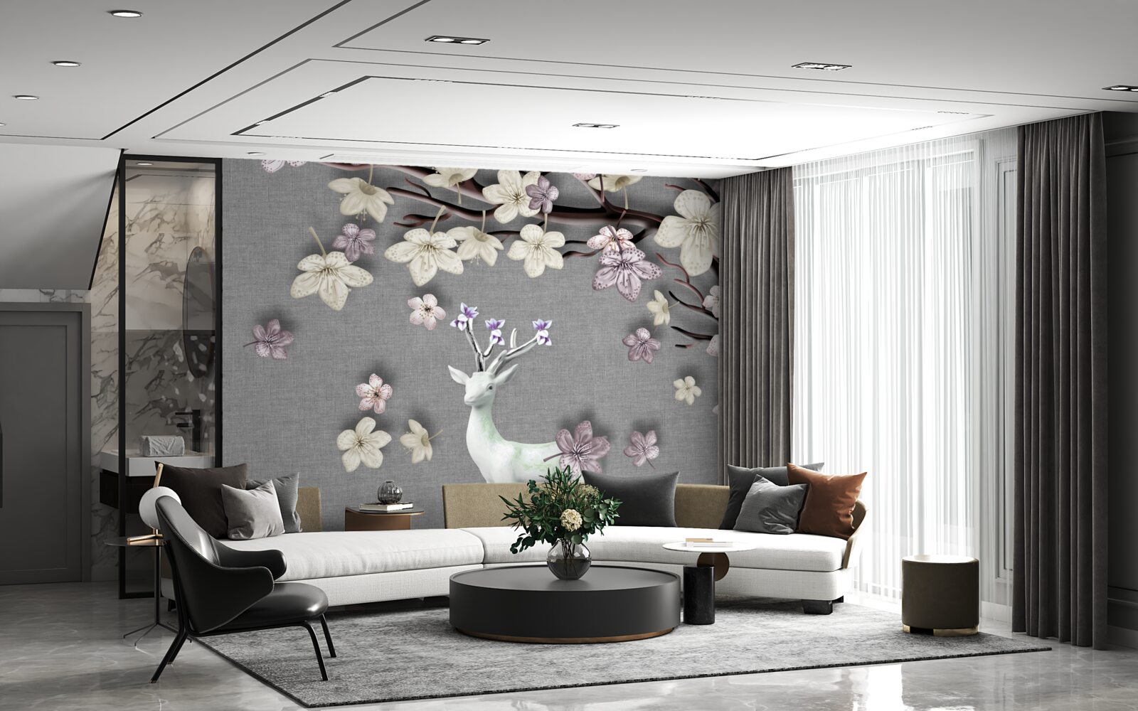 Фотошпалери квітучі гілки магнолії та білий олень