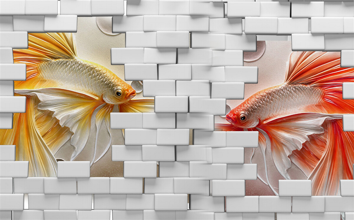 Фотошпалери червоні та помаранчеві фігурки руйнують цеглину