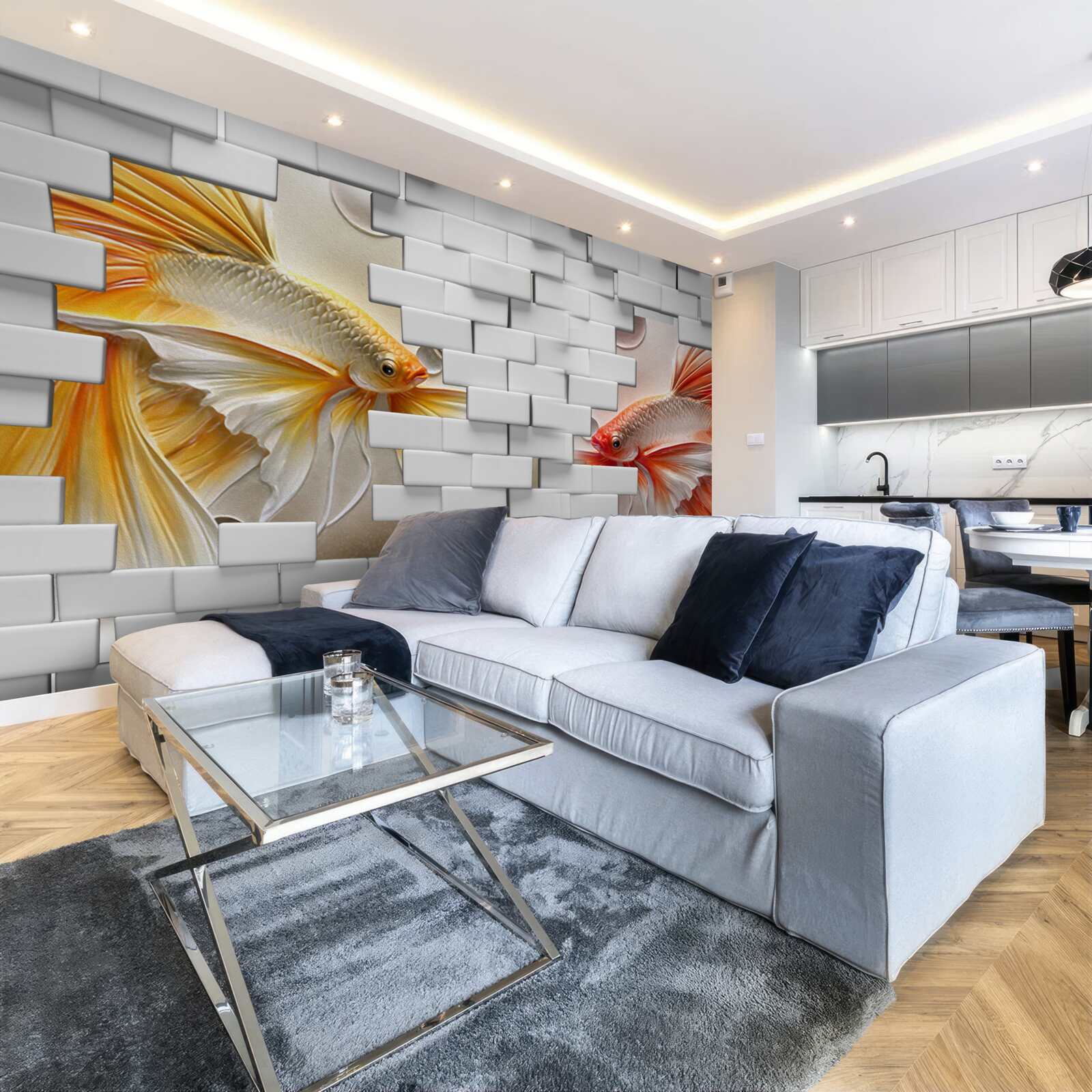 Фотошпалери червоні та помаранчеві фігурки руйнують цеглину