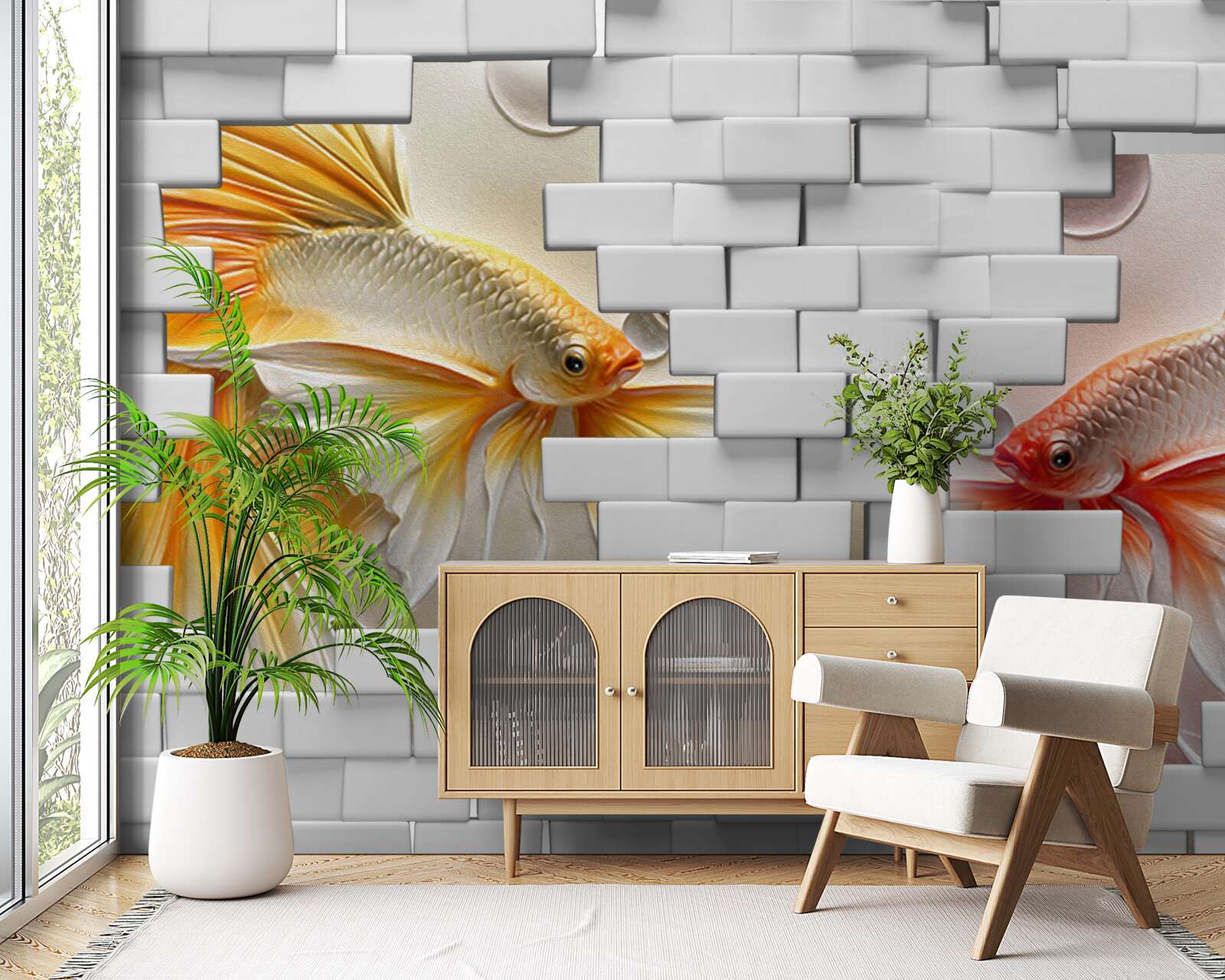 Фотошпалери червоні та помаранчеві фігурки руйнують цеглину