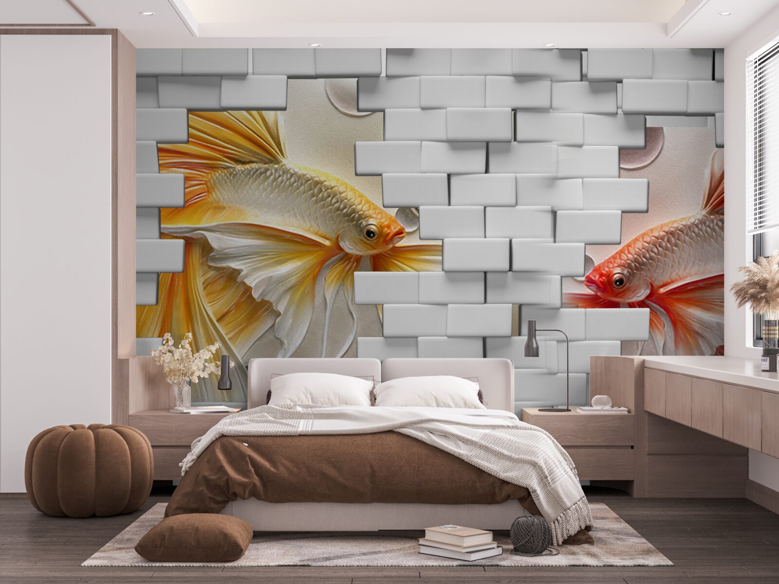 Фотошпалери червоні та помаранчеві фігурки руйнують цеглину