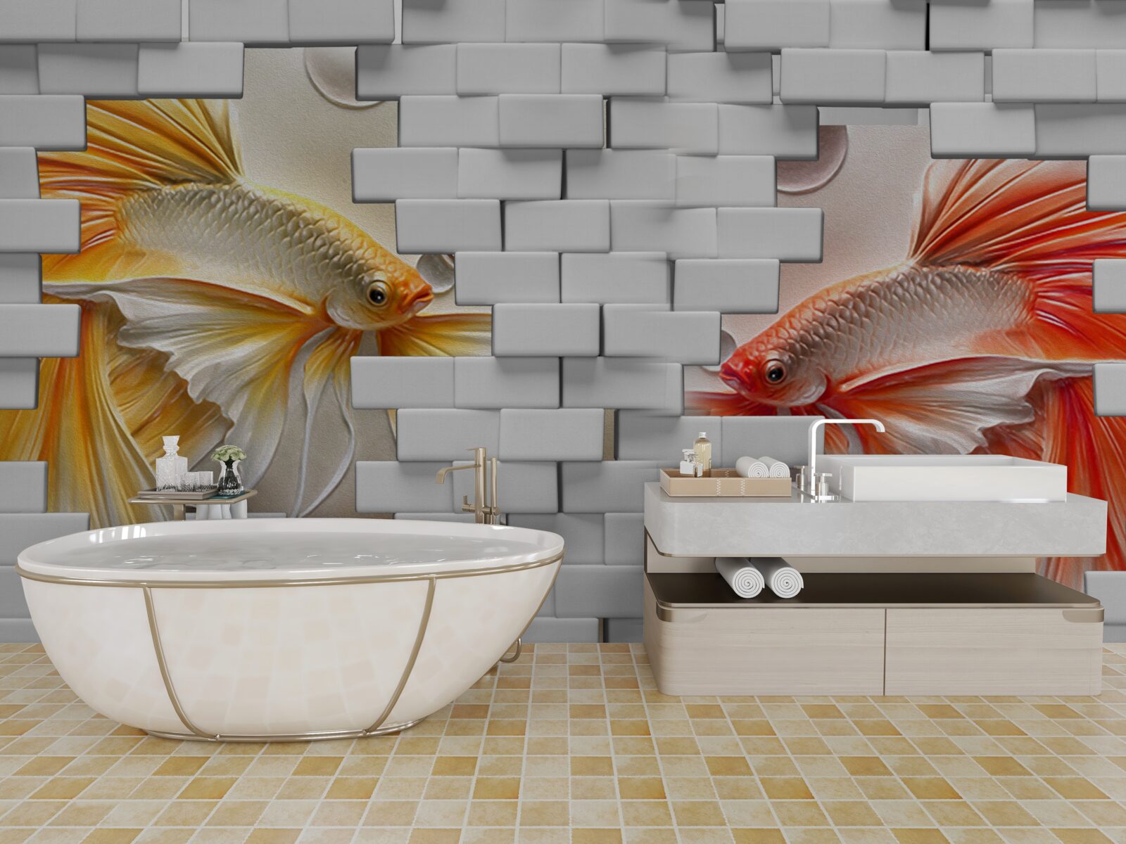 Фотошпалери червоні та помаранчеві фігурки руйнують цеглину