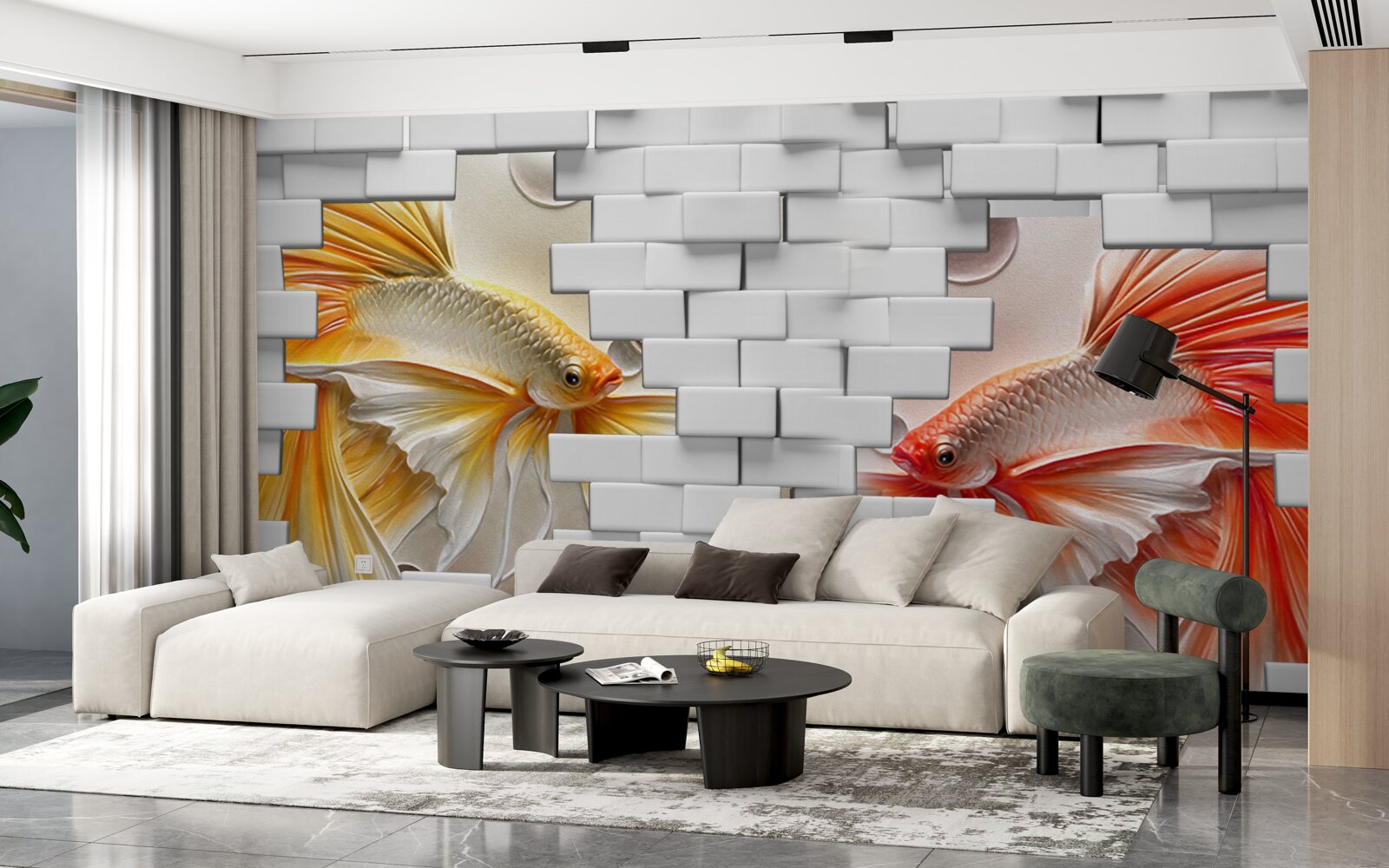 Фотошпалери червоні та помаранчеві фігурки руйнують цеглину