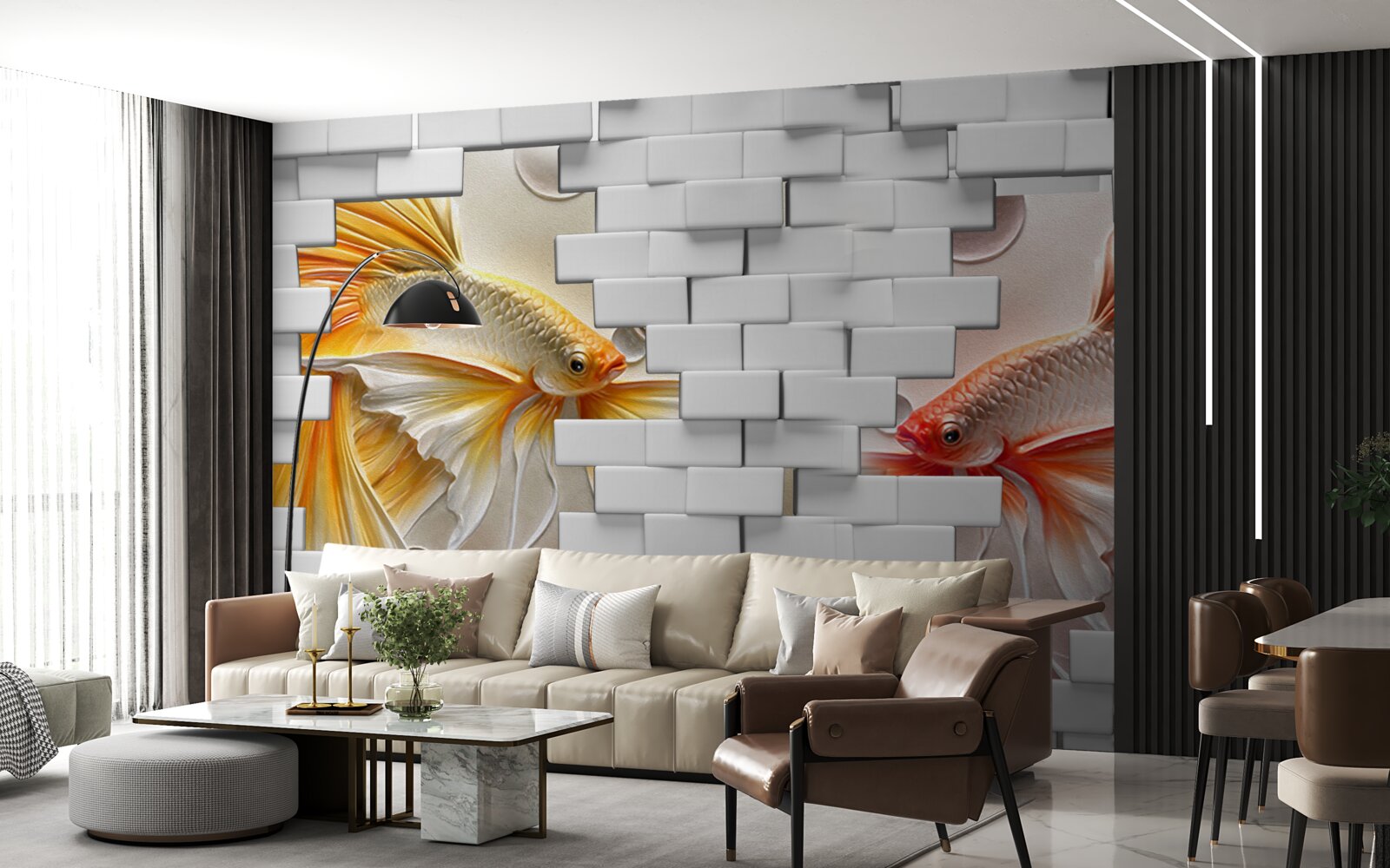 Фотошпалери червоні та помаранчеві фігурки руйнують цеглину